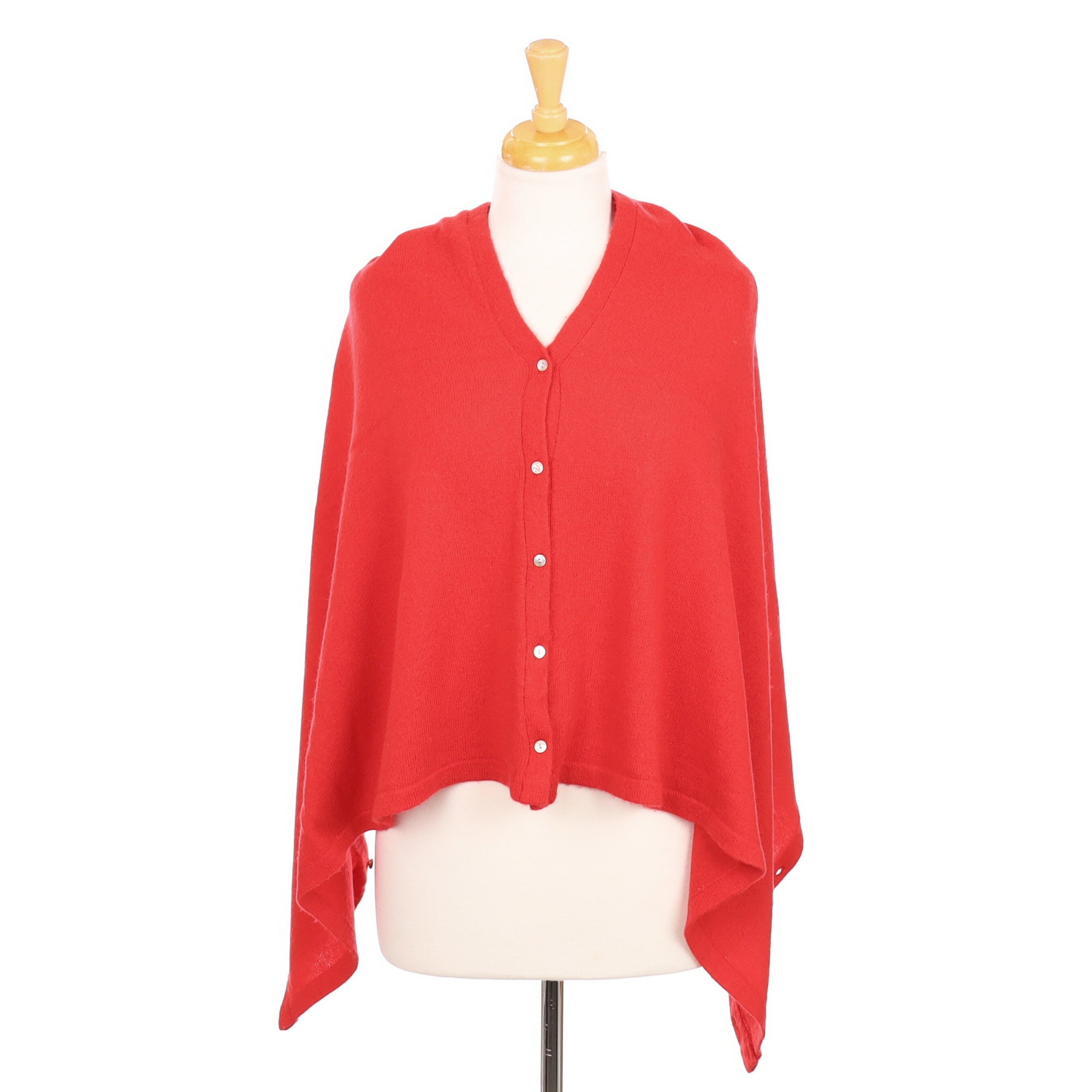 Scarlet Red Buttoned Cashmere Poncho