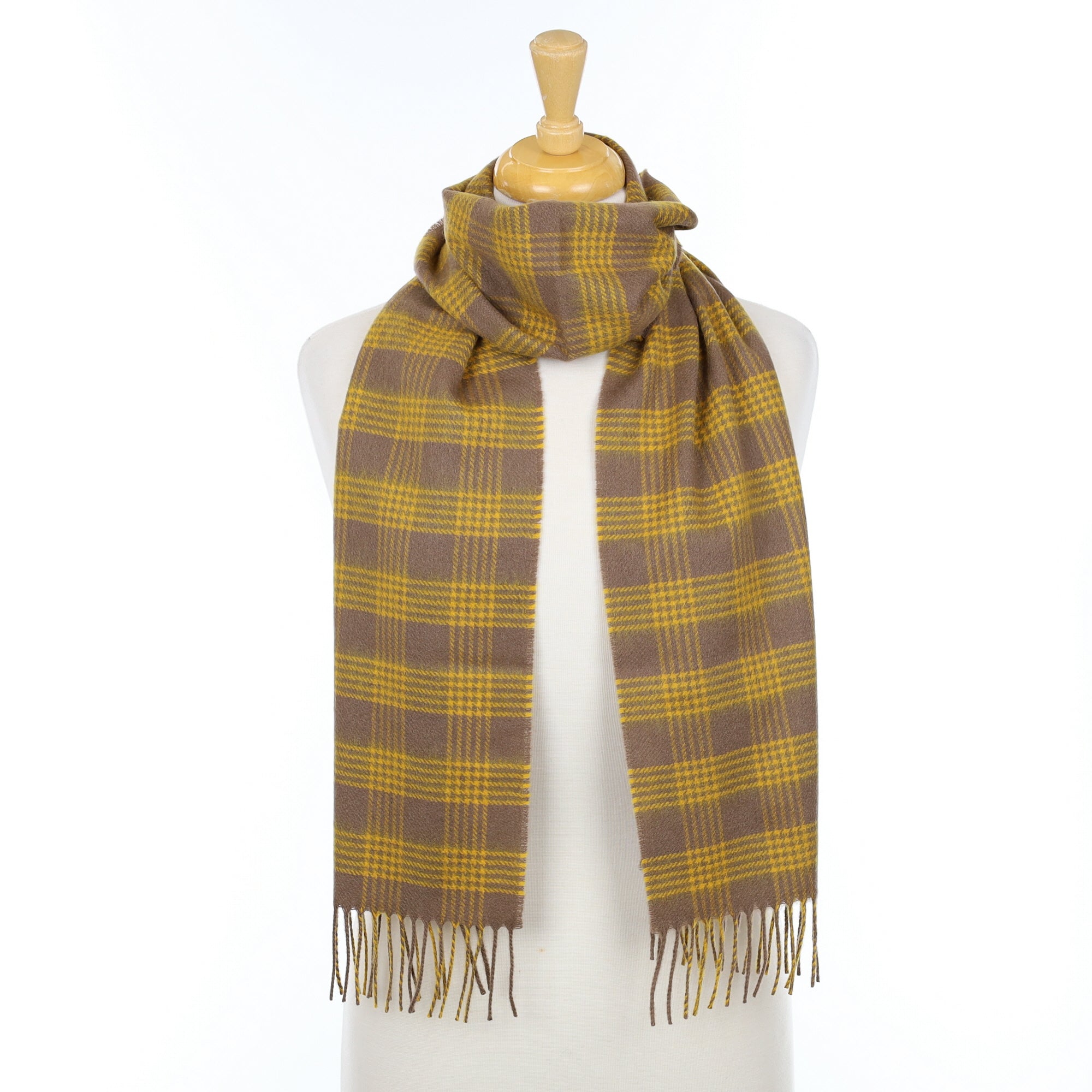 Brand New Scottish Taupe Brown and Yellow Checked Cashmere Scarf