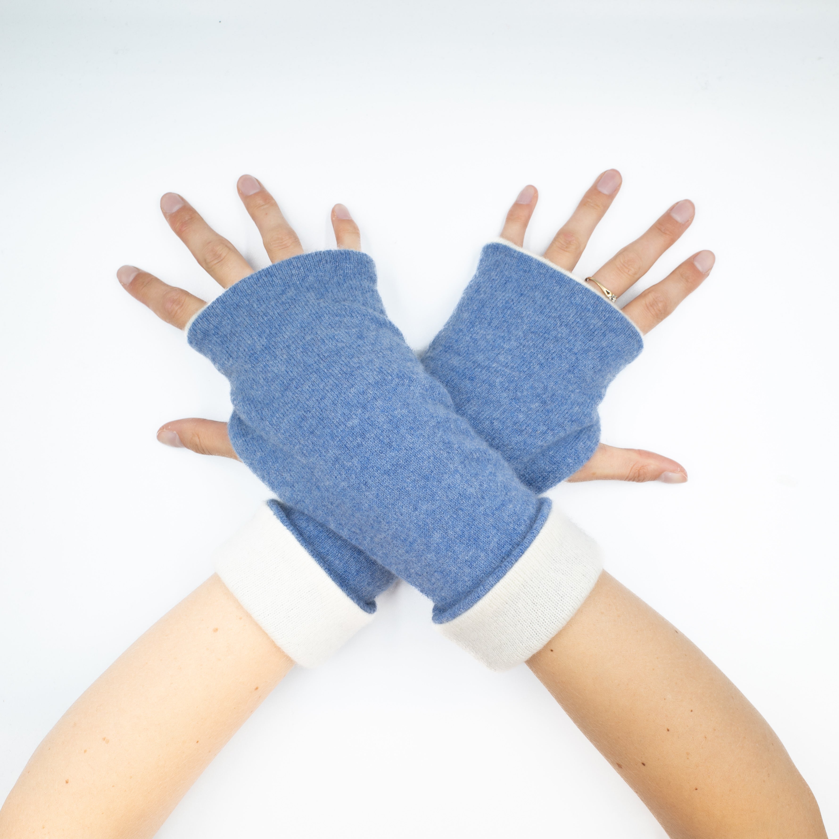 Denim Blue and Cream Reversible Fingerless Gloves