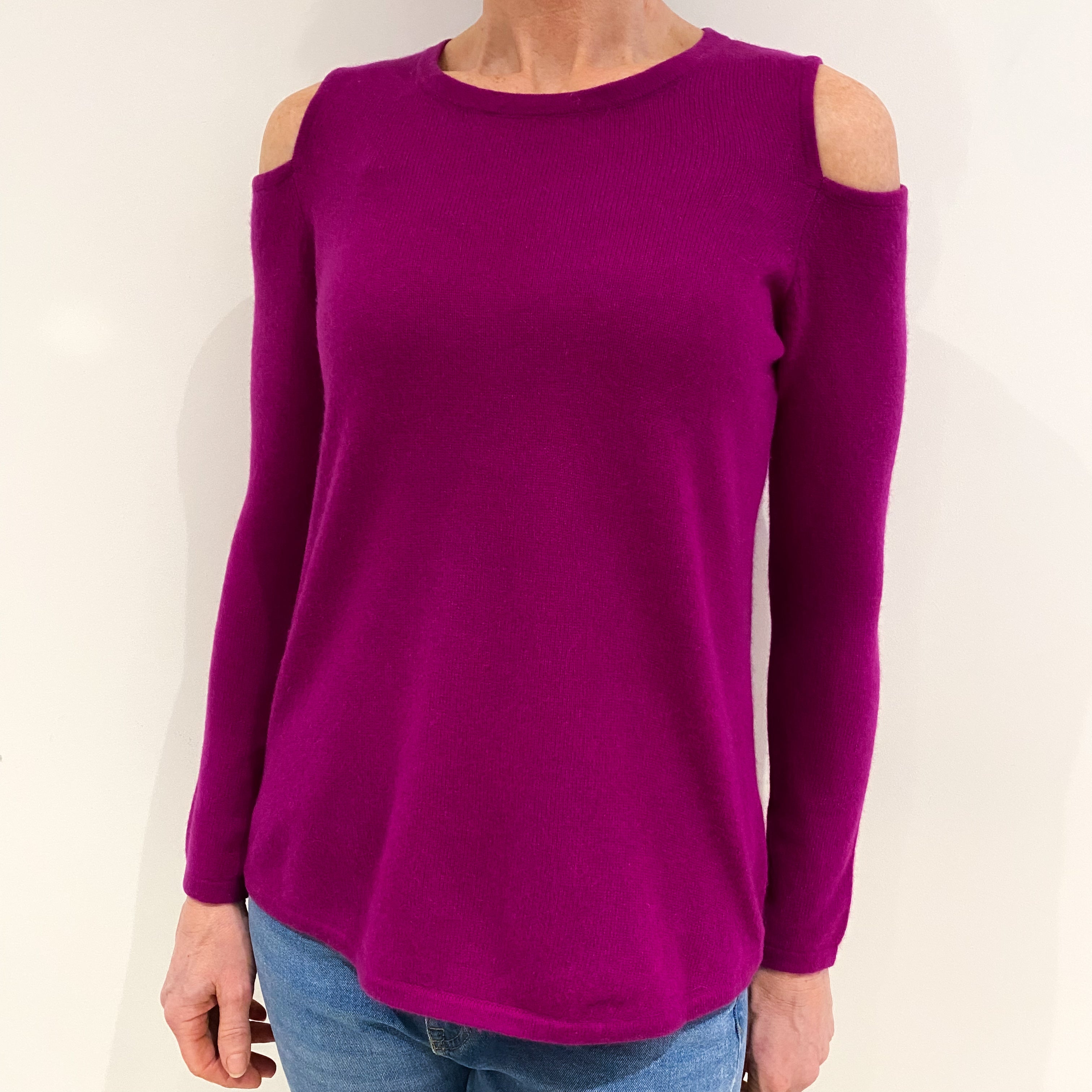 Magenta Pink Cashmere Crew Neck Jumper with Cut Away Shoulders Small