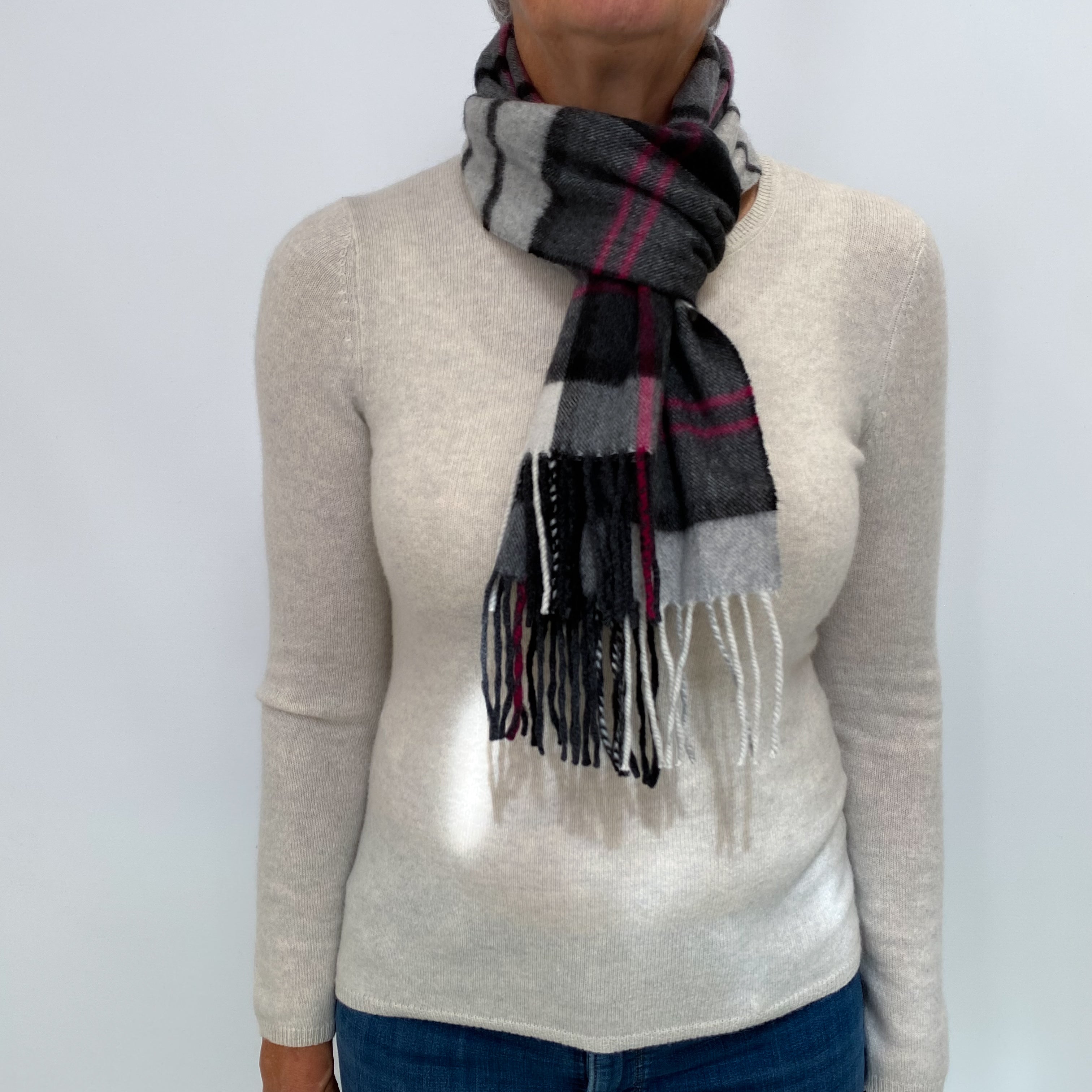 Grey and Magenta Checked Fringed Cashmere Woven Scarf