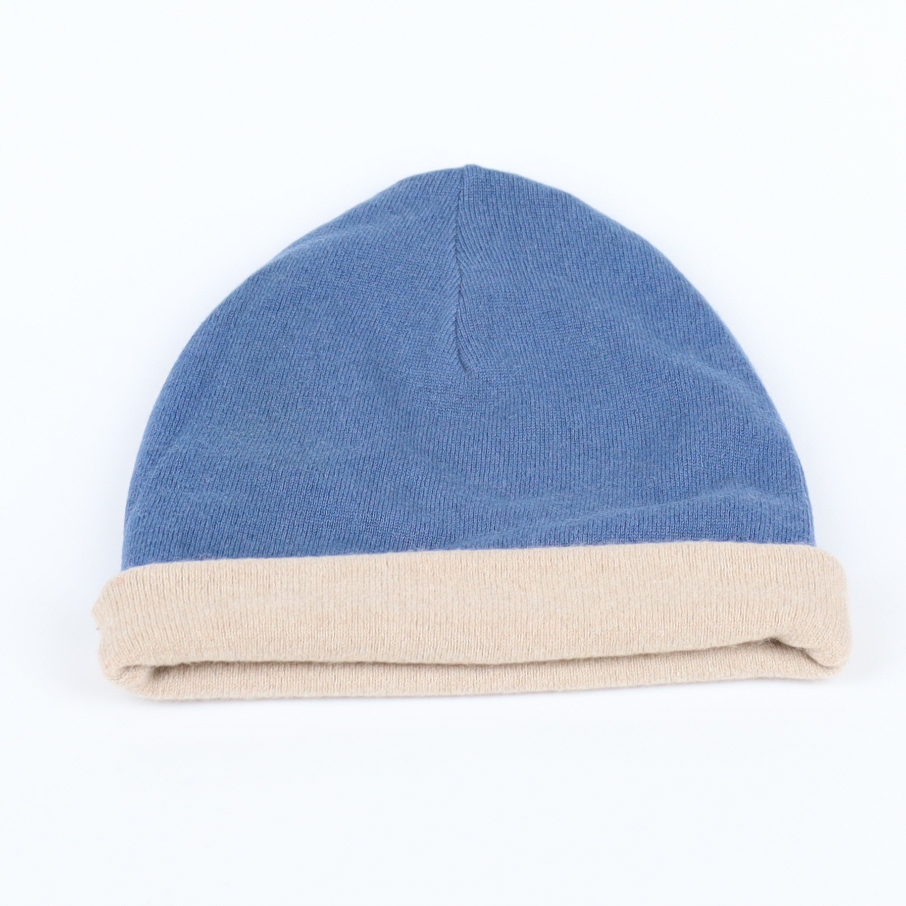 Oatmeal and Denim Blue Reversible Cashmere Beanie Hat