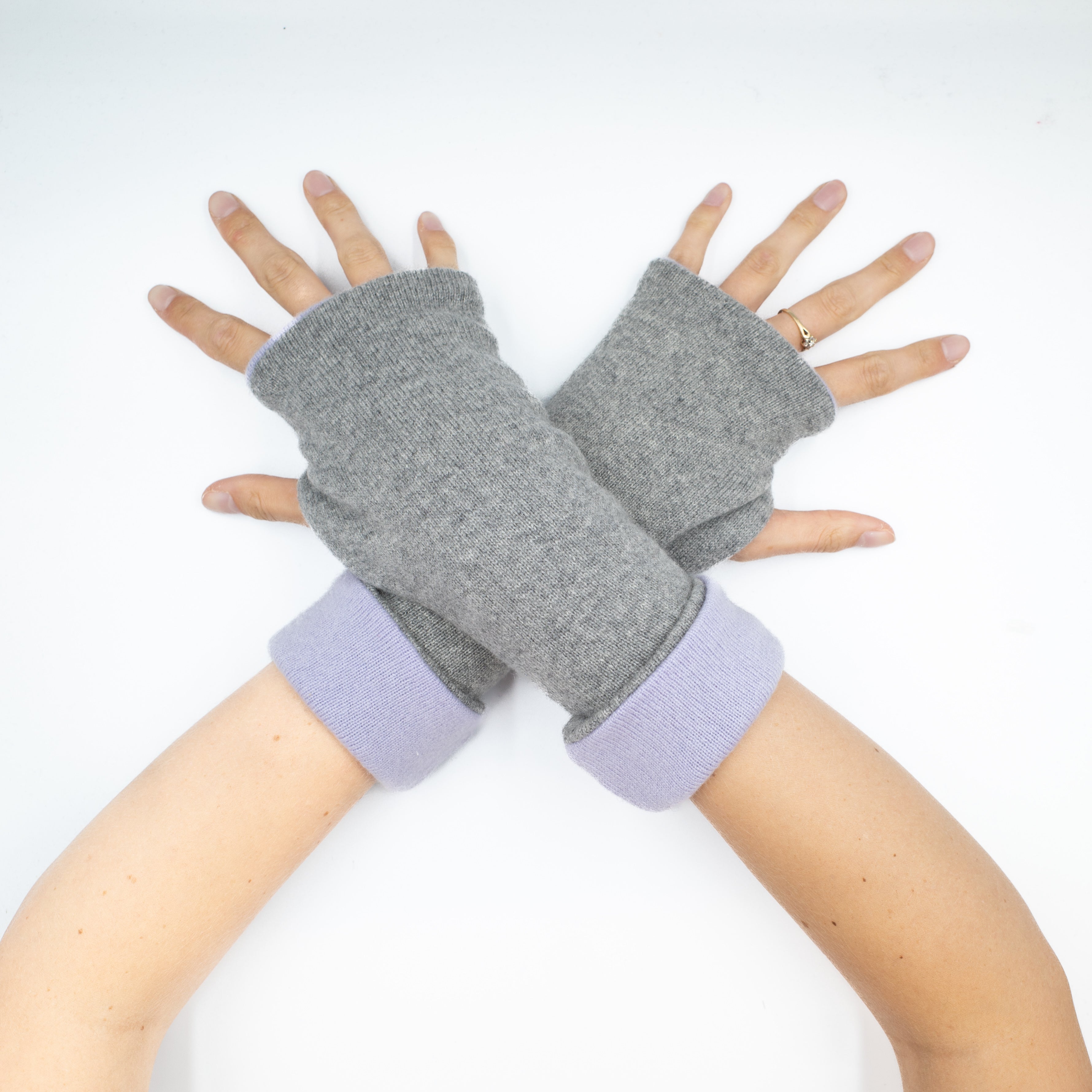 Smoke Grey and Lilac Reversible Fingerless Gloves