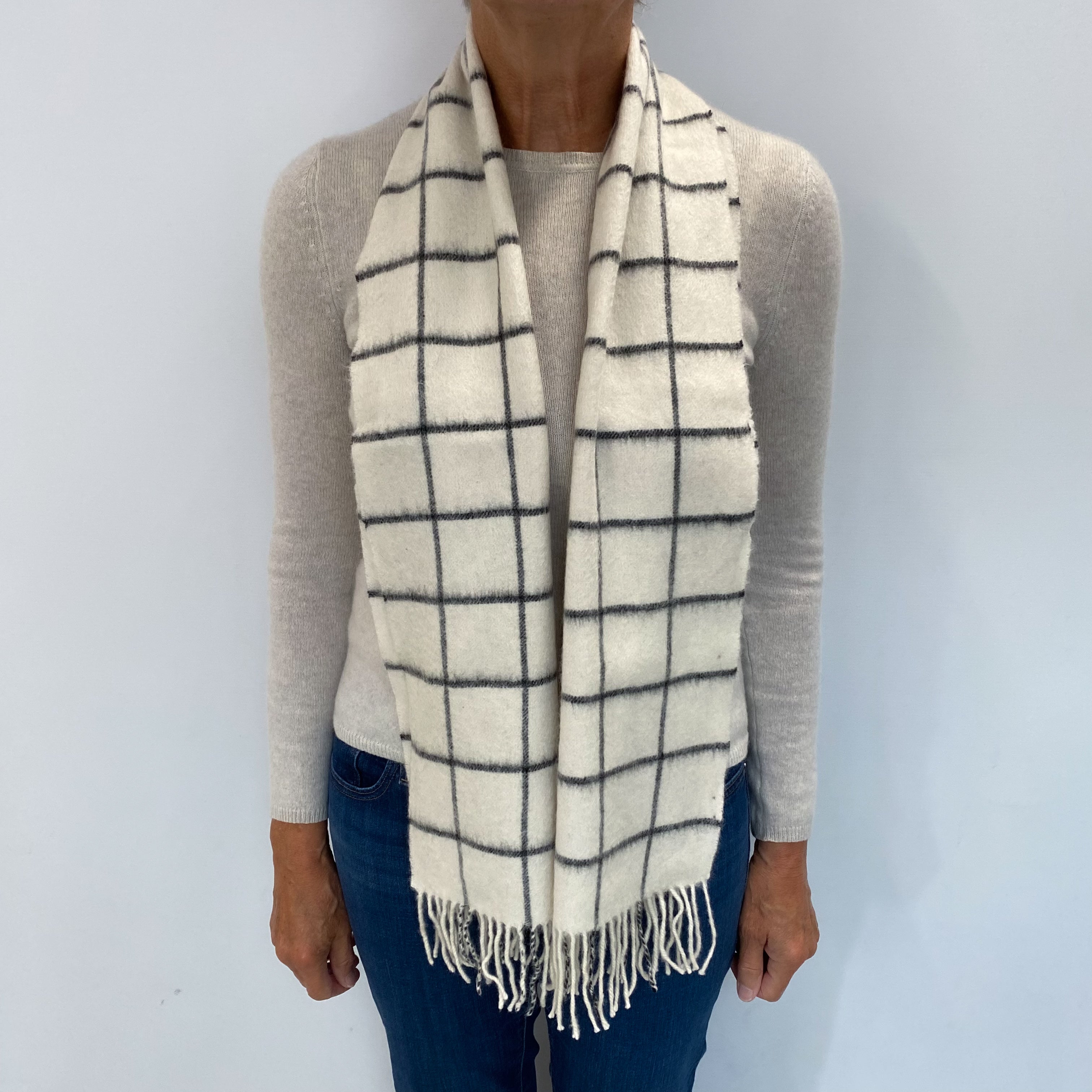 Cream and Black Checked Cashmere Woven Fringed Scarf