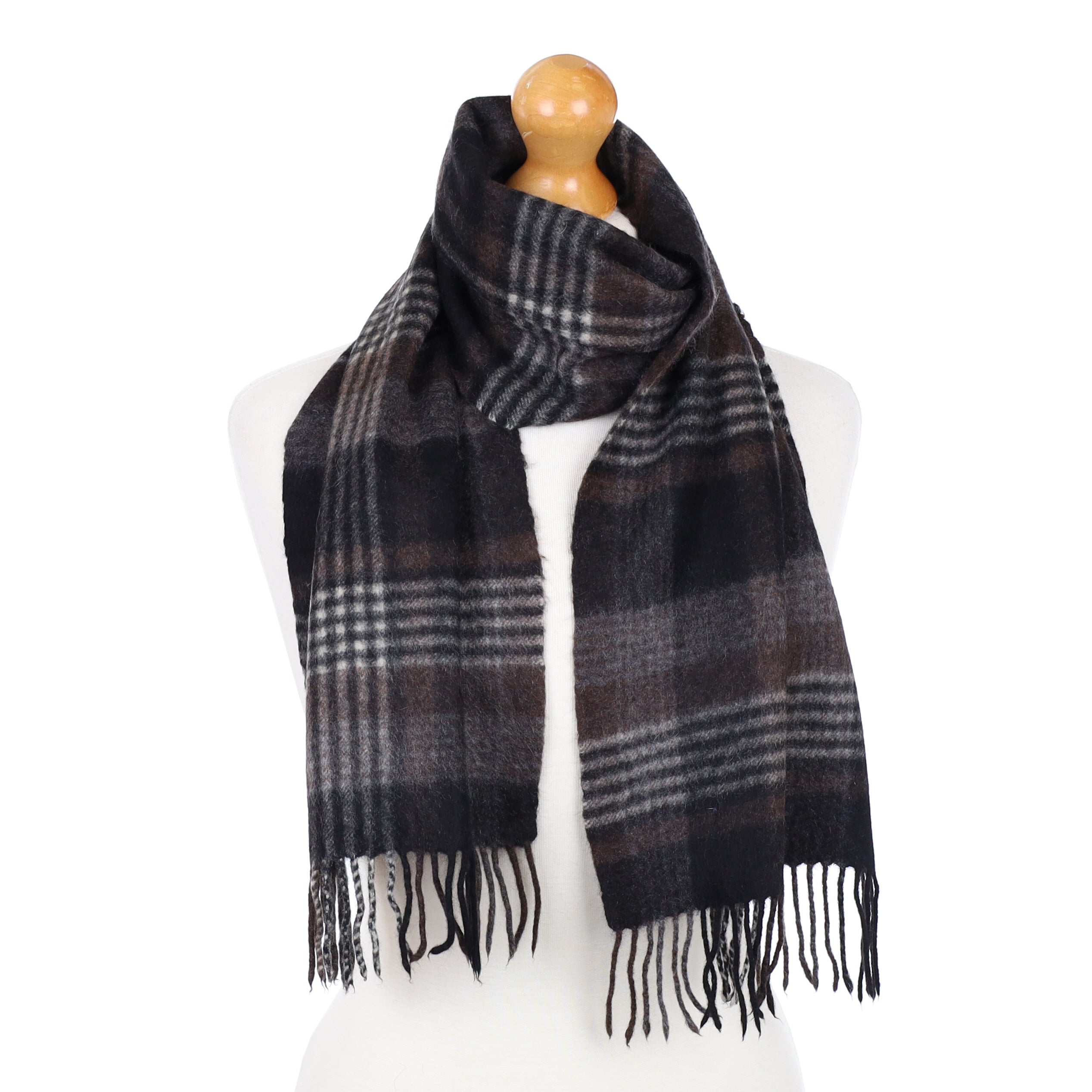 Brown and Grey Checked Fringed Cashmere Woven Scarf