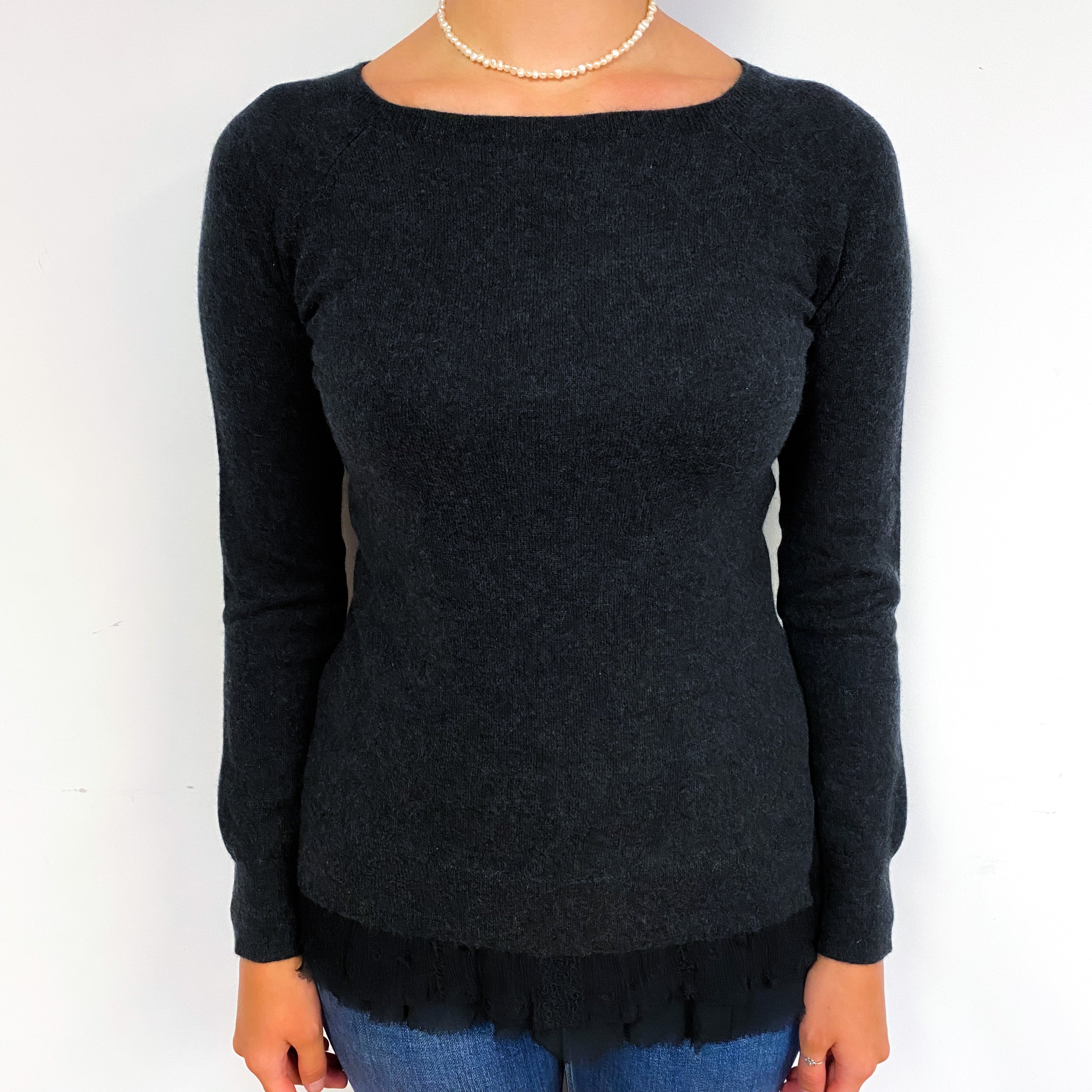 Charcoal Grey Lace Trimmed Cashmere Crew Neck Jumper Small