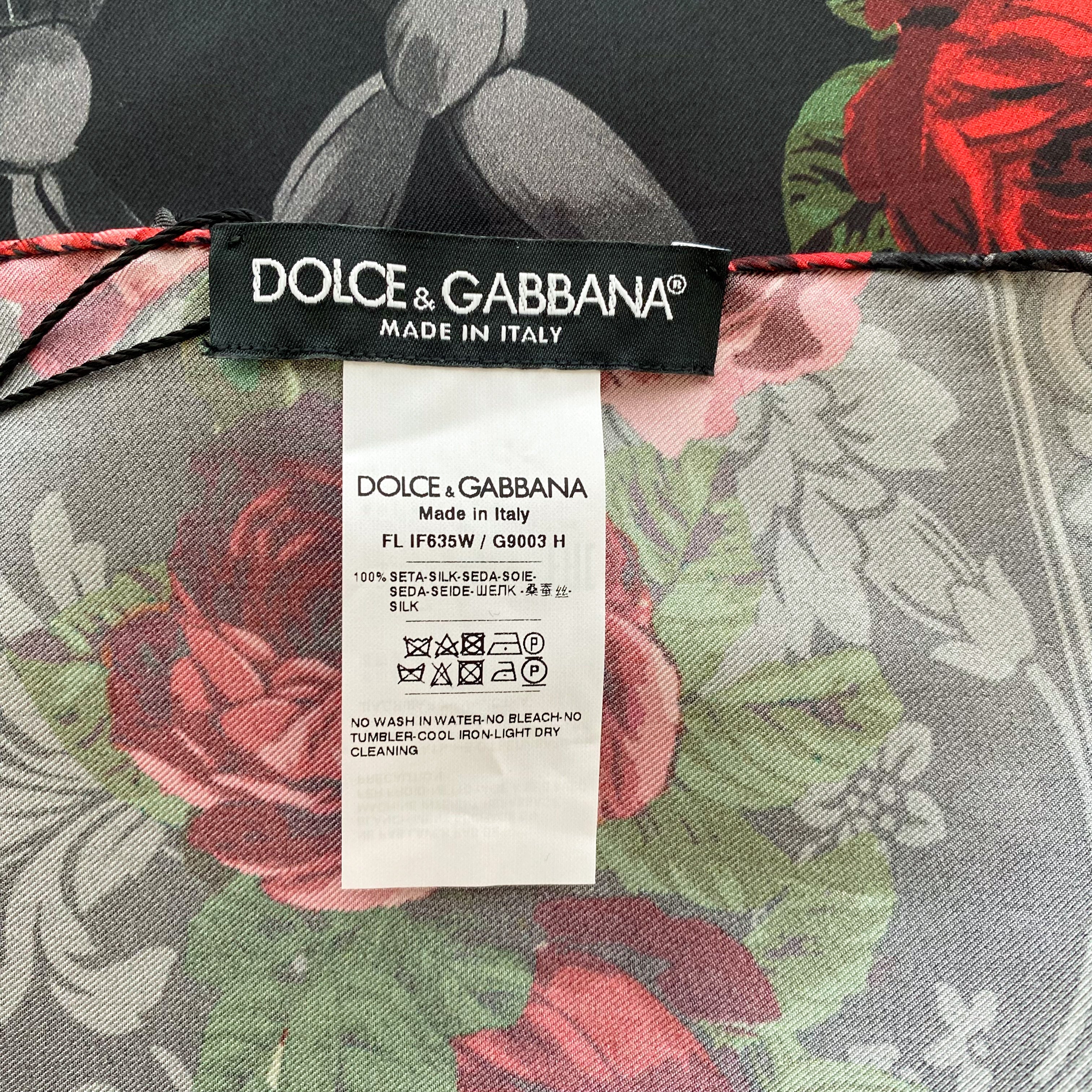 Unworn Dolce & Gabbana Black and Red Rose Designer Silk Scarf