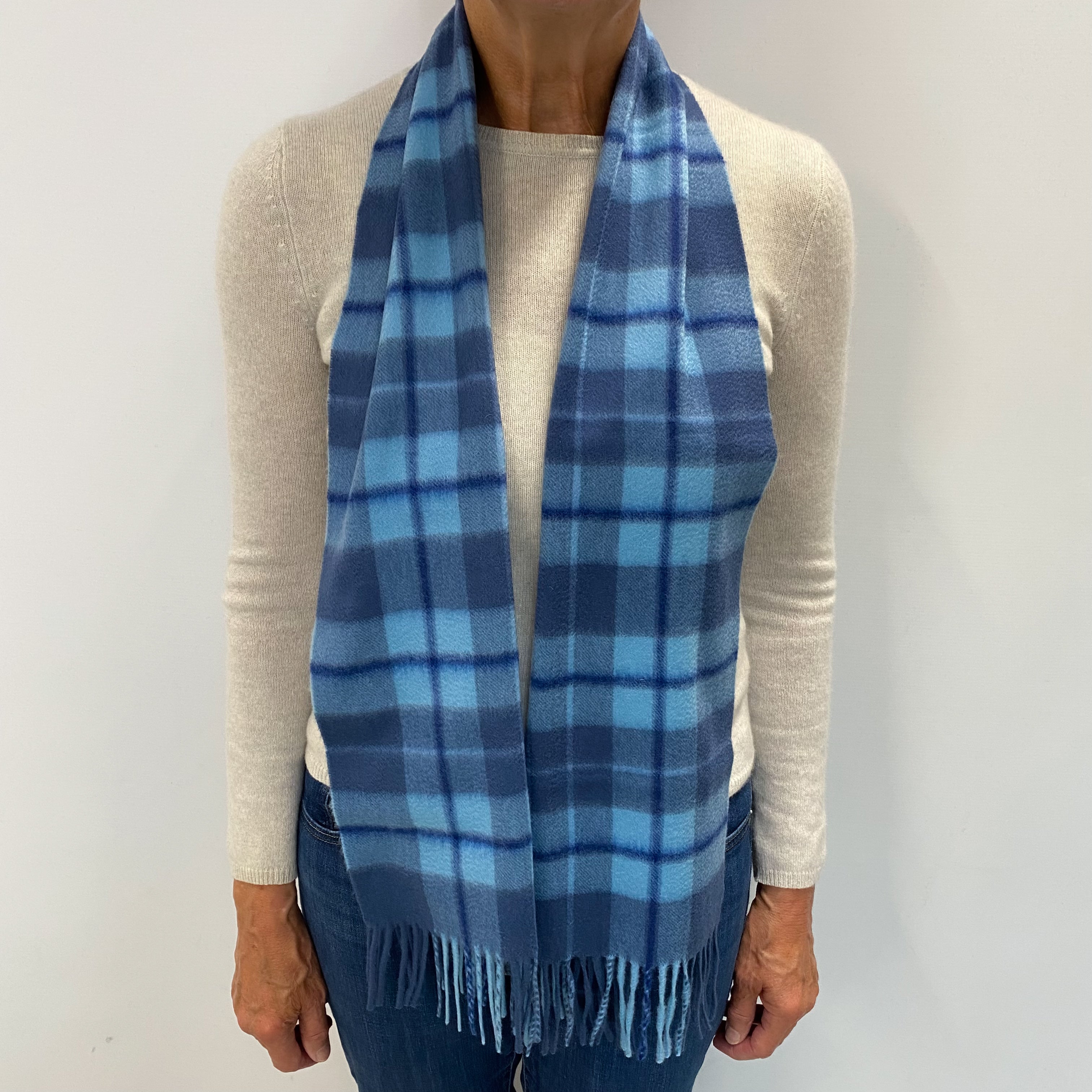 New Blue Checked Cashmere Woven Fringed Scarf