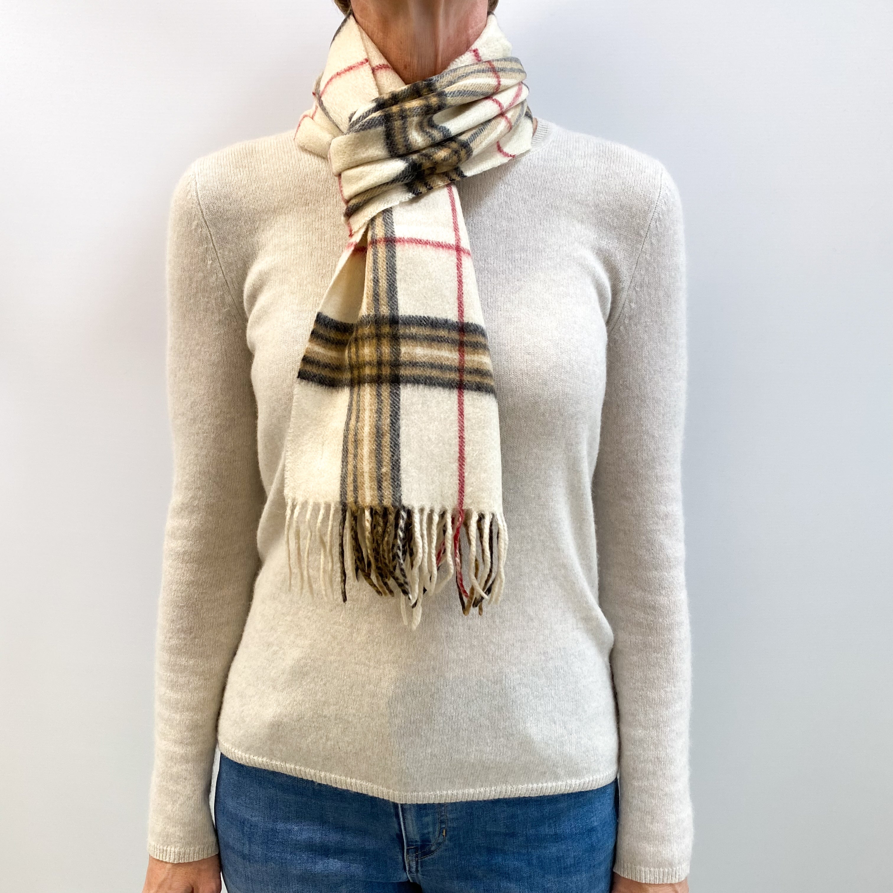 Cream and Camel Checked Fringed Cashmere Woven Scarf