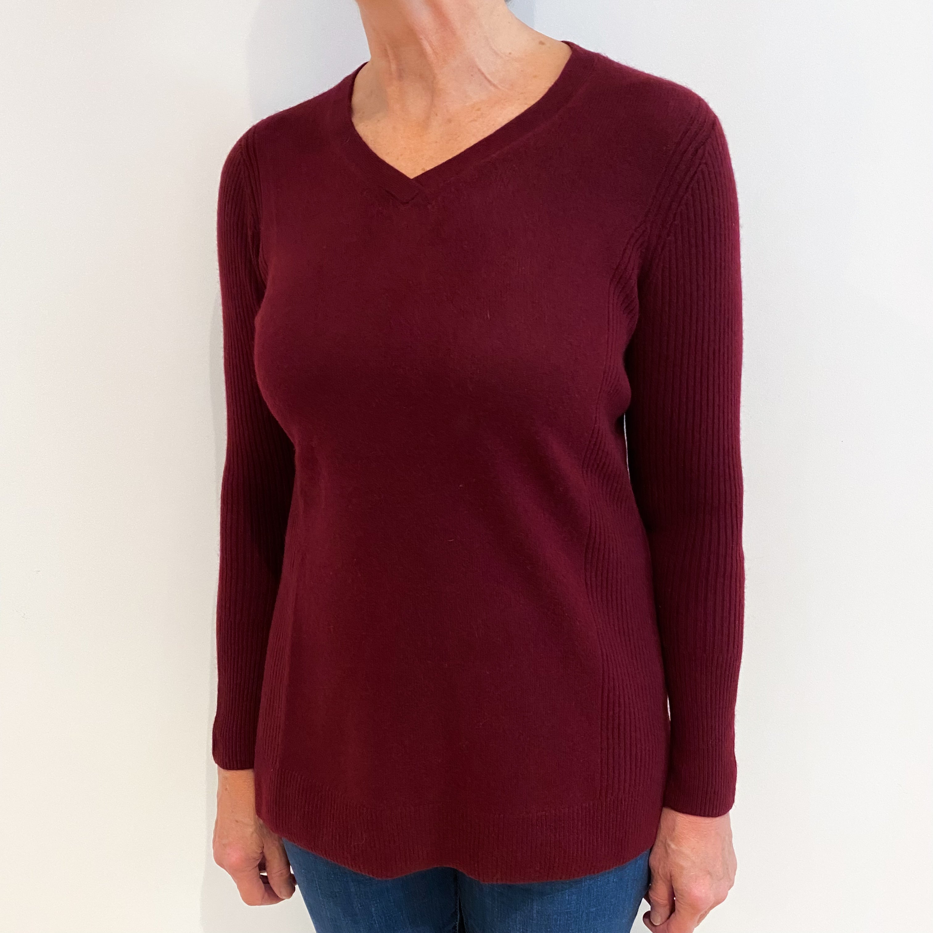 Wine Red Rib Detail Cashmere V Neck Jumper Medium