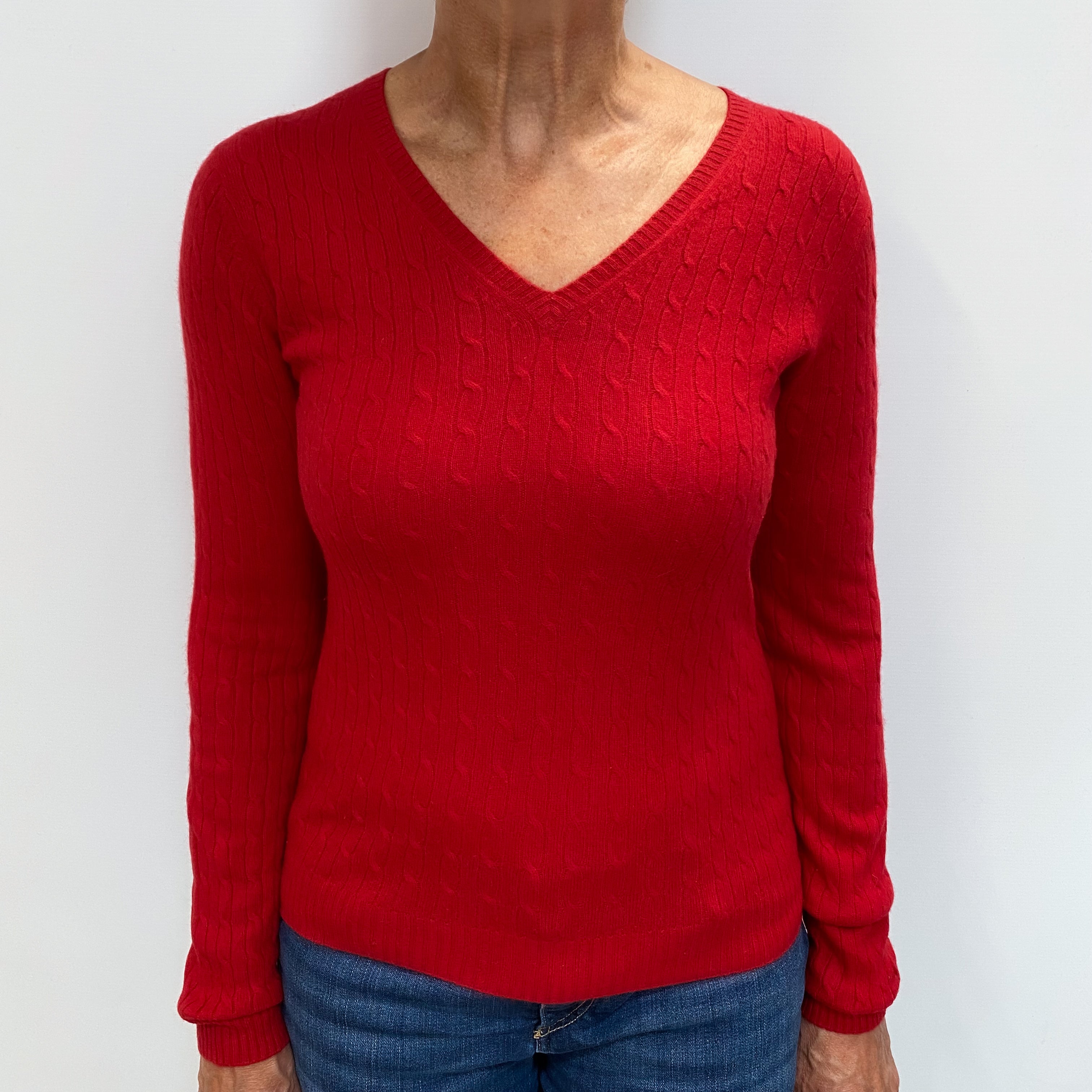 Post Box Red Cashmere V Neck Jumper Medium