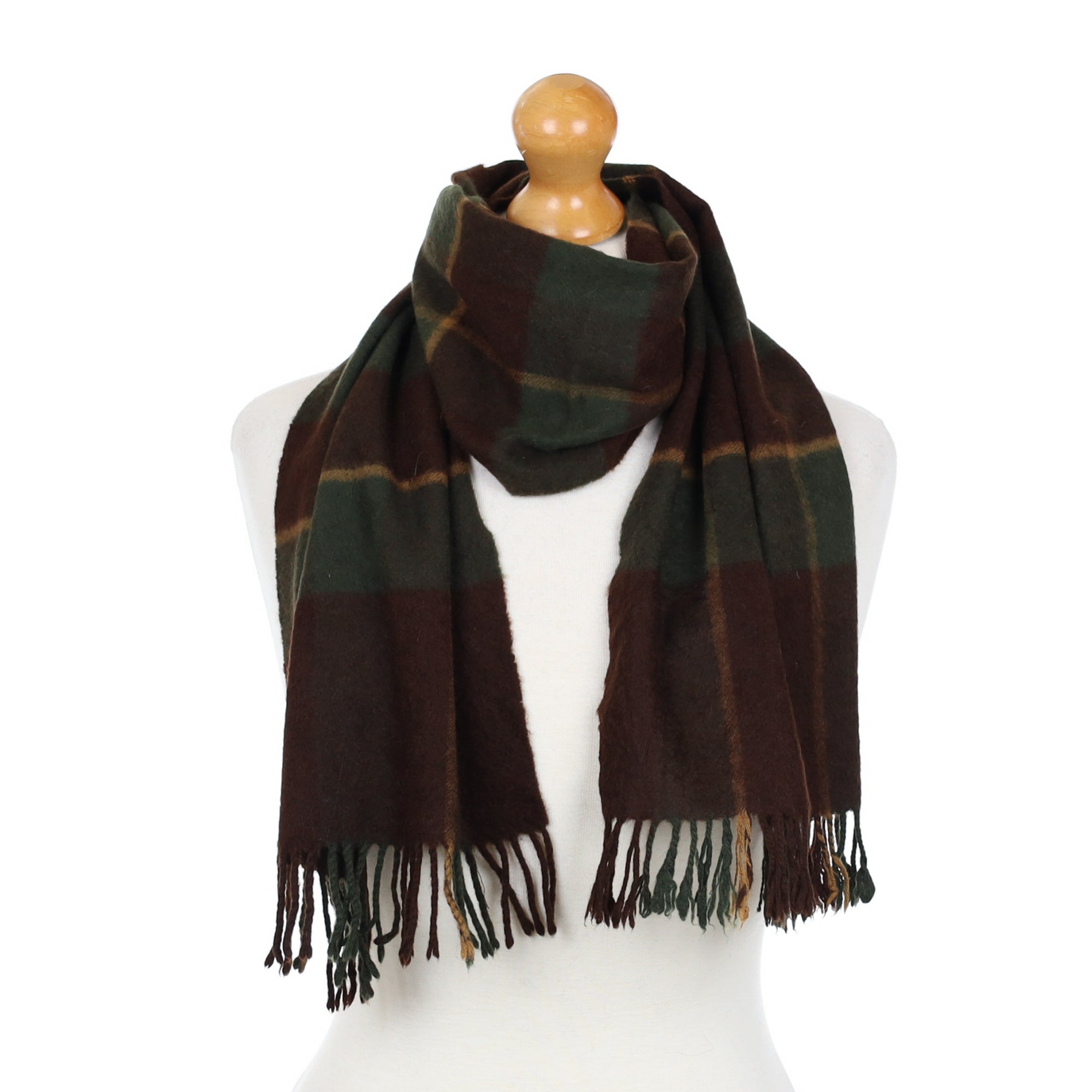 Scottish Chocolate and Bottle Green Check Cashmere Fringed Woven Scarf