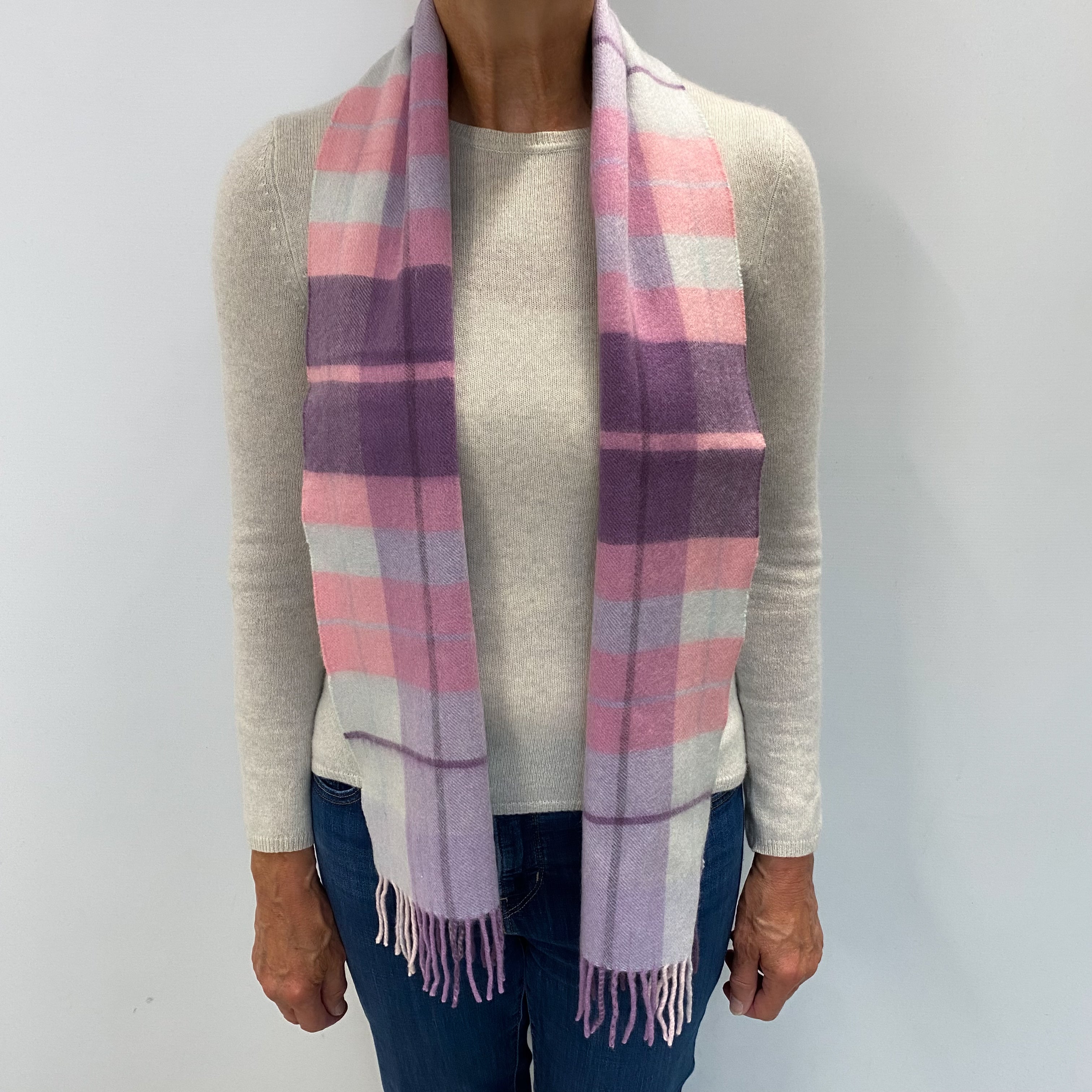 Purple and Pink Checked Cashmere Woven Fringed Scarf