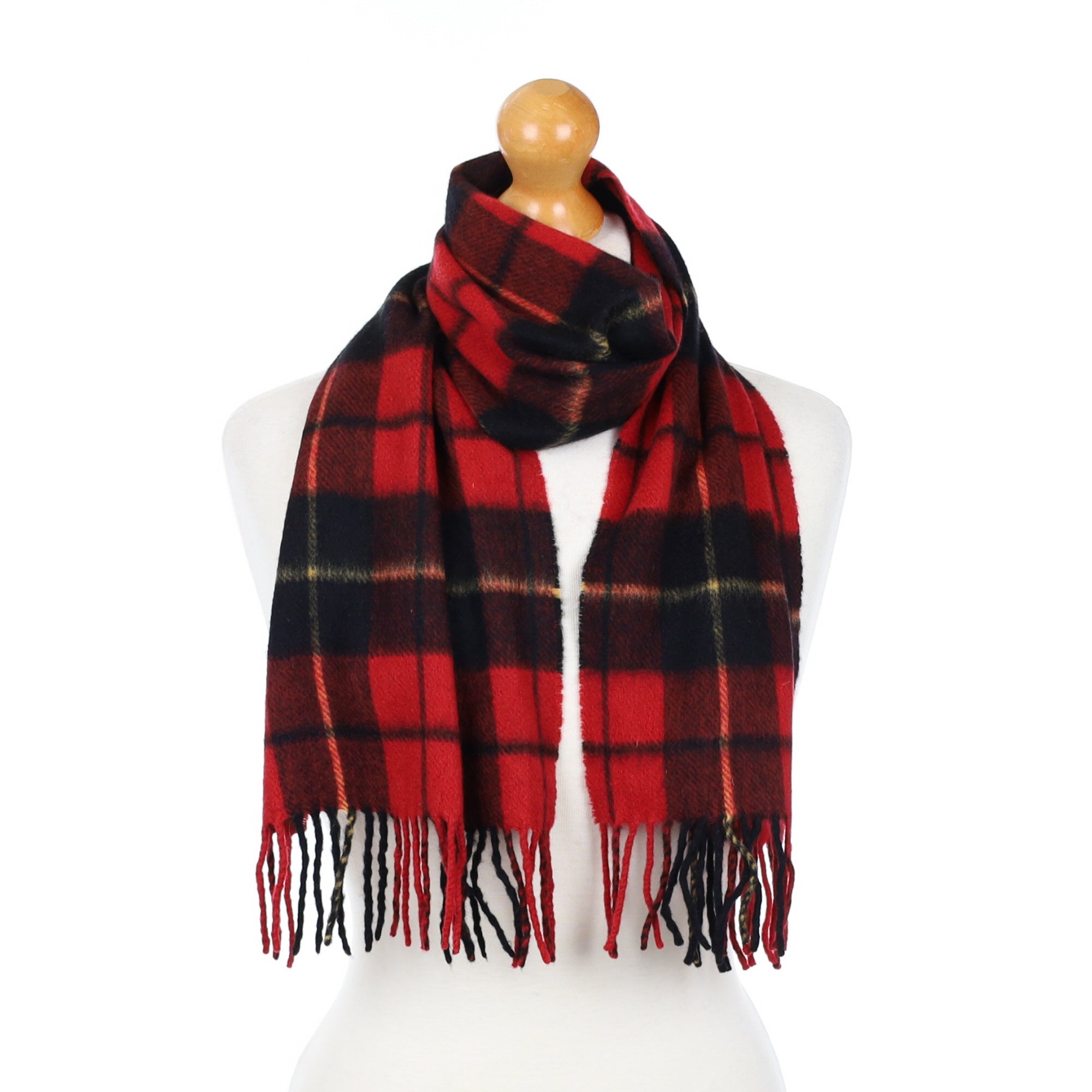 Red and Black Checked Fringed Cashmere Woven Scarf