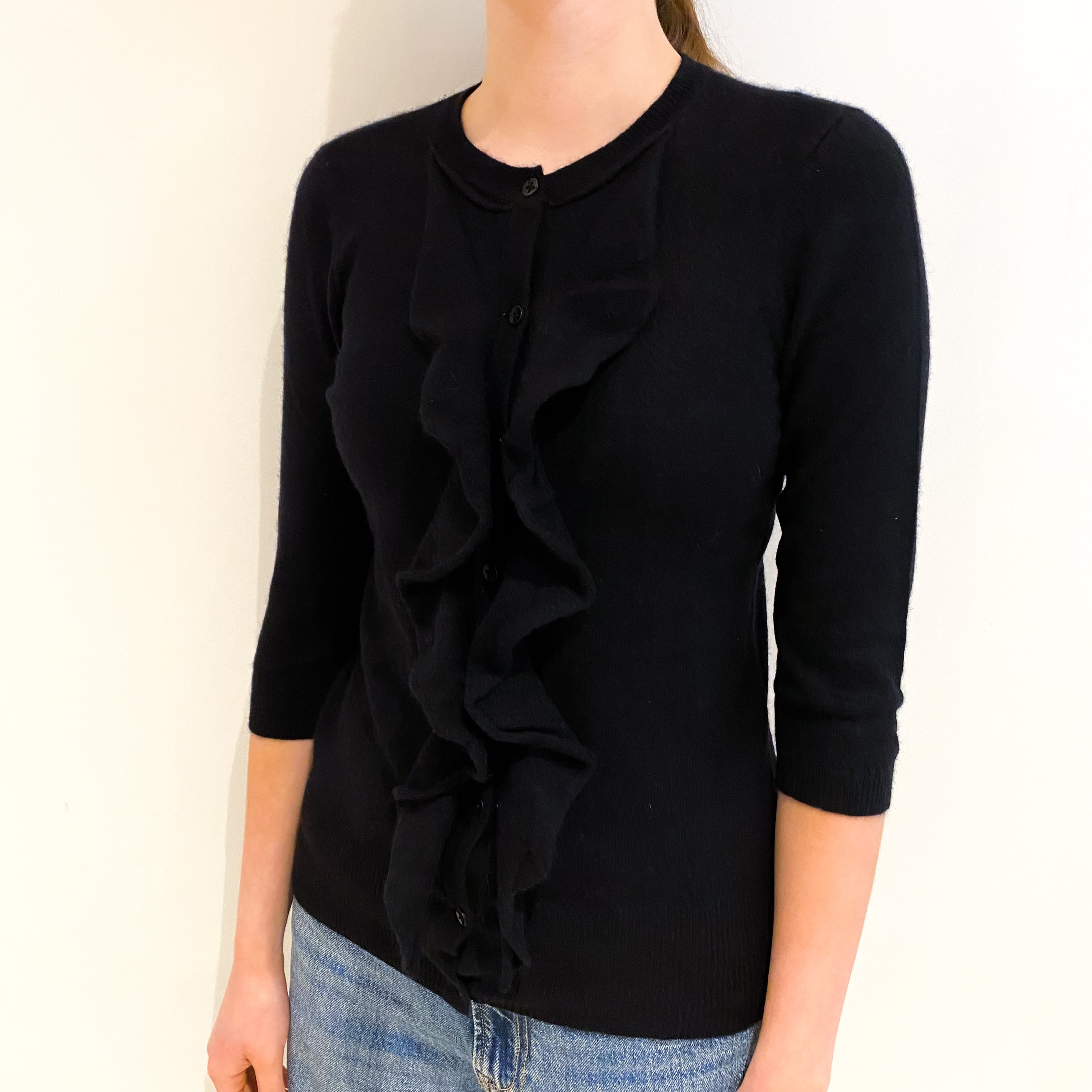 Black Ruffle Front Cashmere Crew Neck Cardigan Extra Small