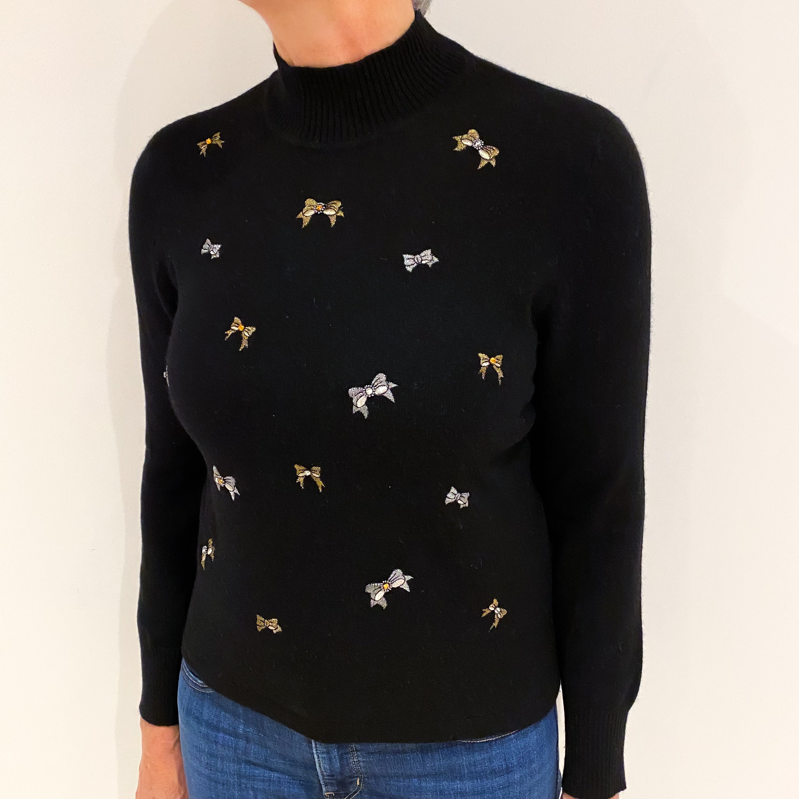 Black Bow Pattern Cashmere Turtle Neck Jumper Medium