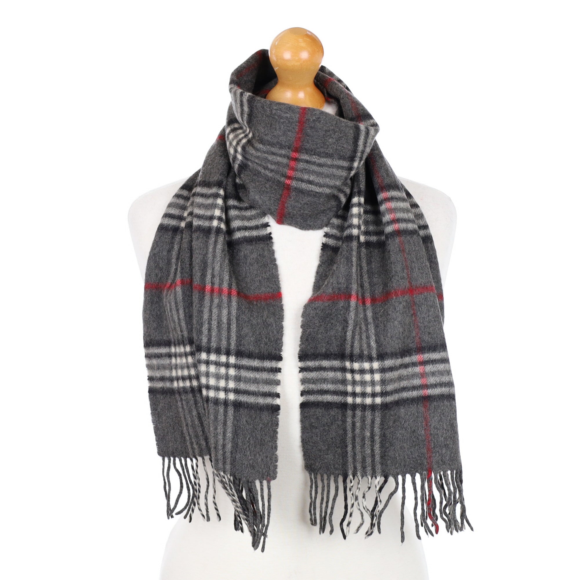 Grey and Red Checked Fringed Cashmere Woven Scarf