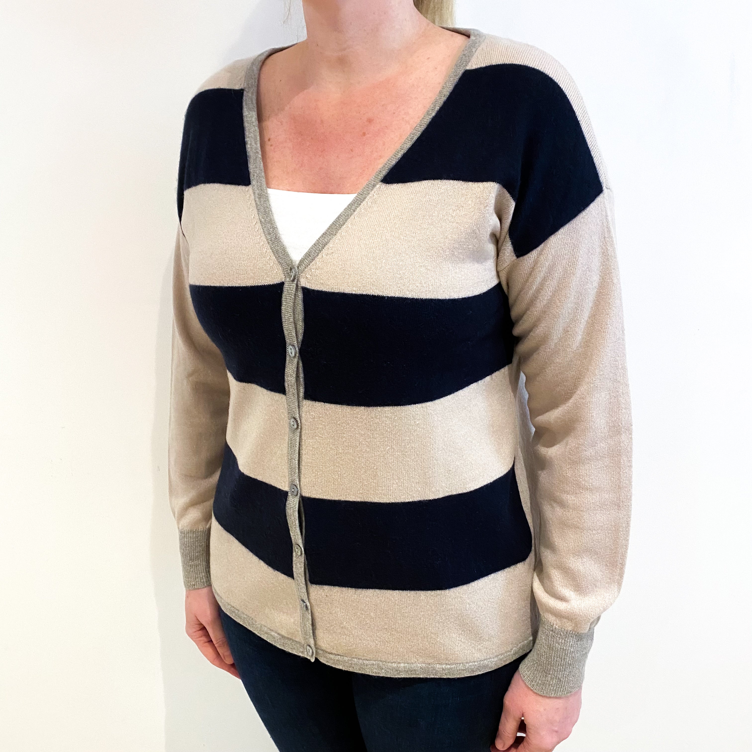 Navy and Beige Striped Cashmere V Neck Cardigan Large