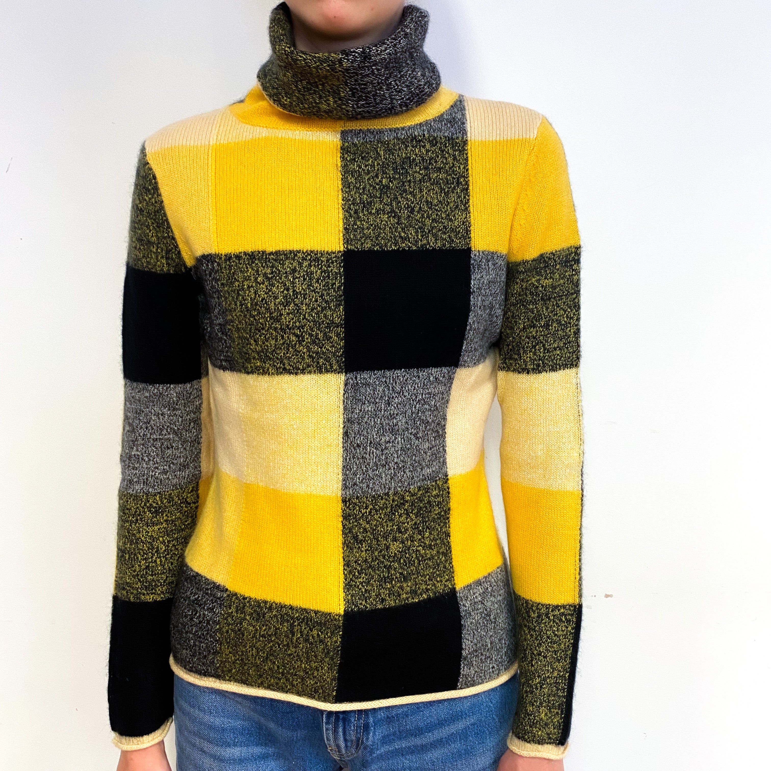 Yellow Black Checked Cashmere Polo Neck Jumper Extra Small