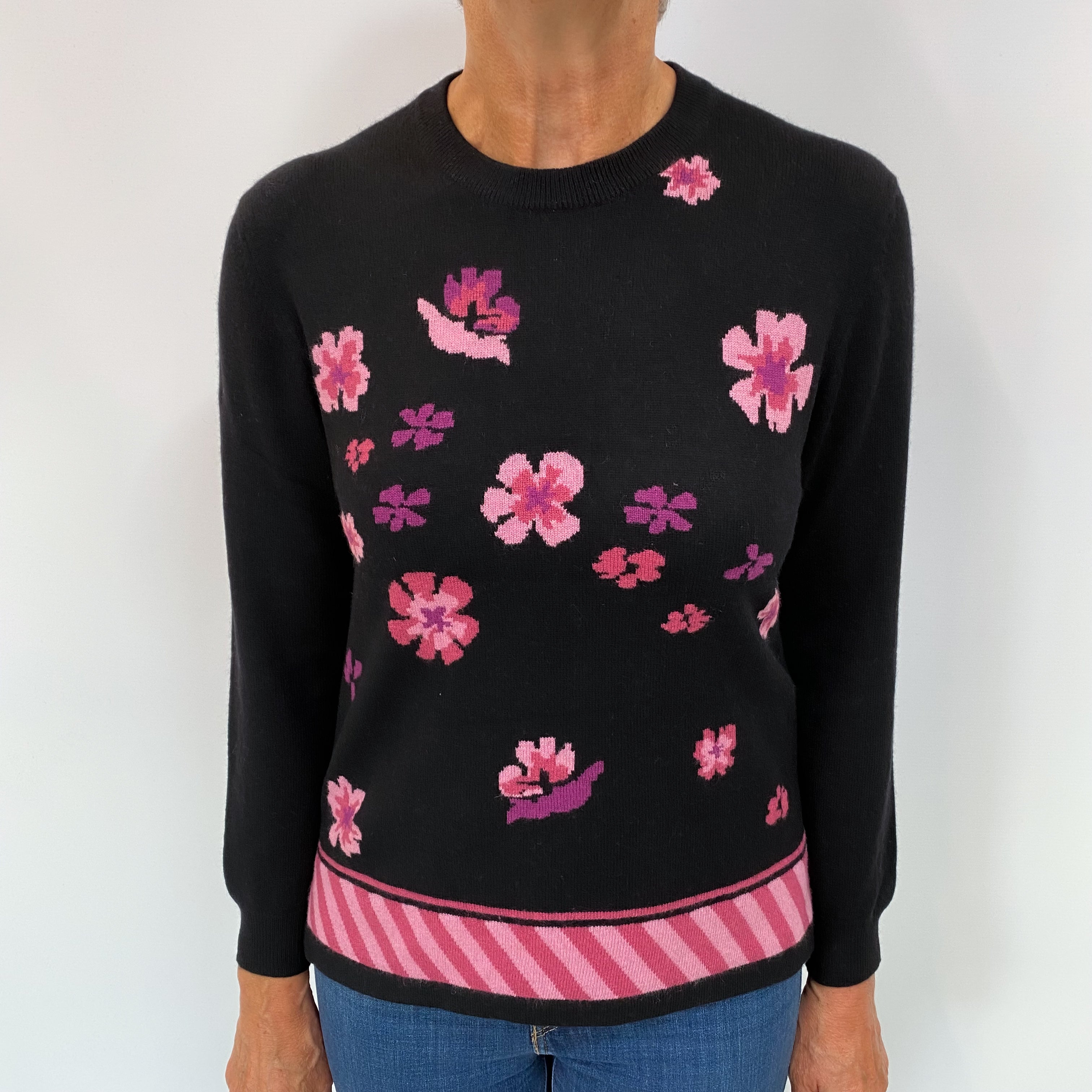 Black Floral Cashmere Crew Neck Jumper Medium