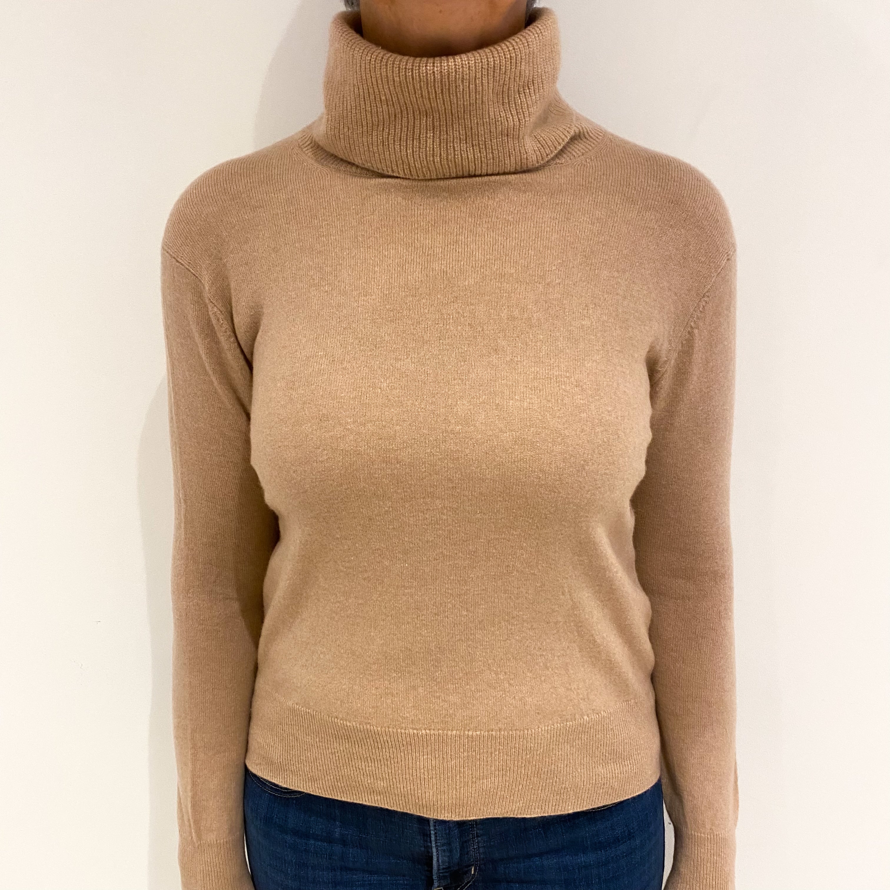 Soft Caramel Brown Cashmere Polo Neck Jumper Medium