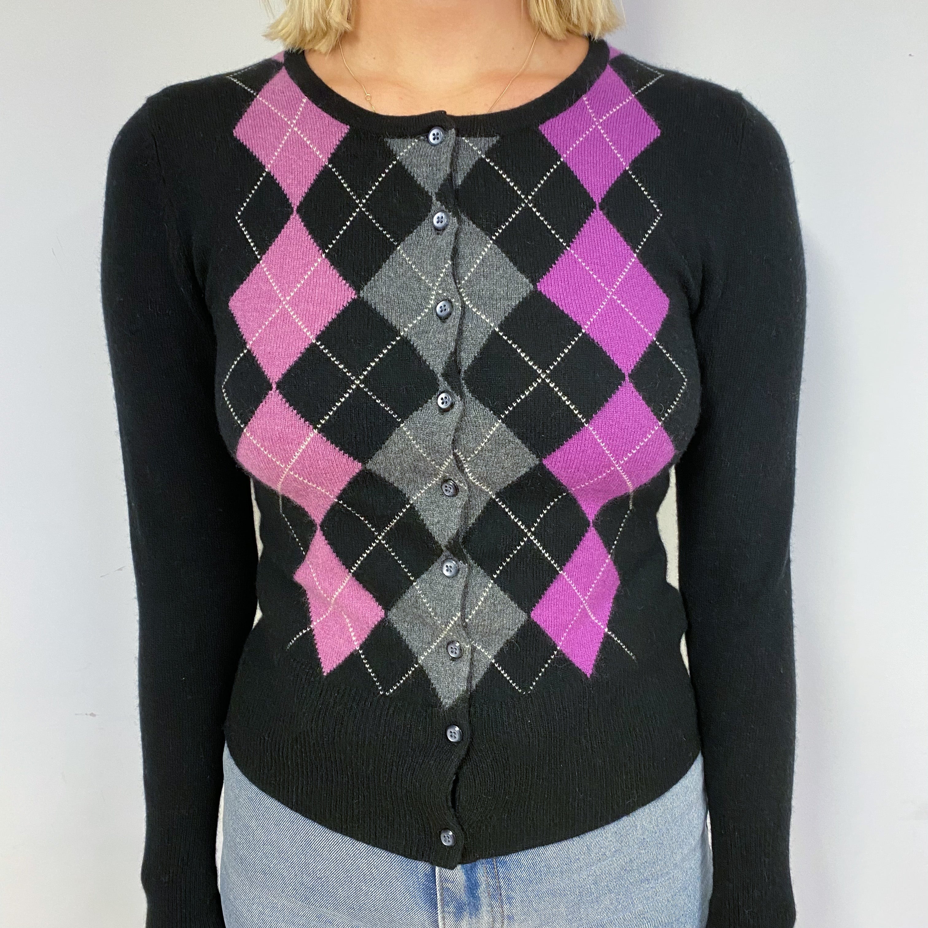 Black Argyle Cashmere Cardigan Small