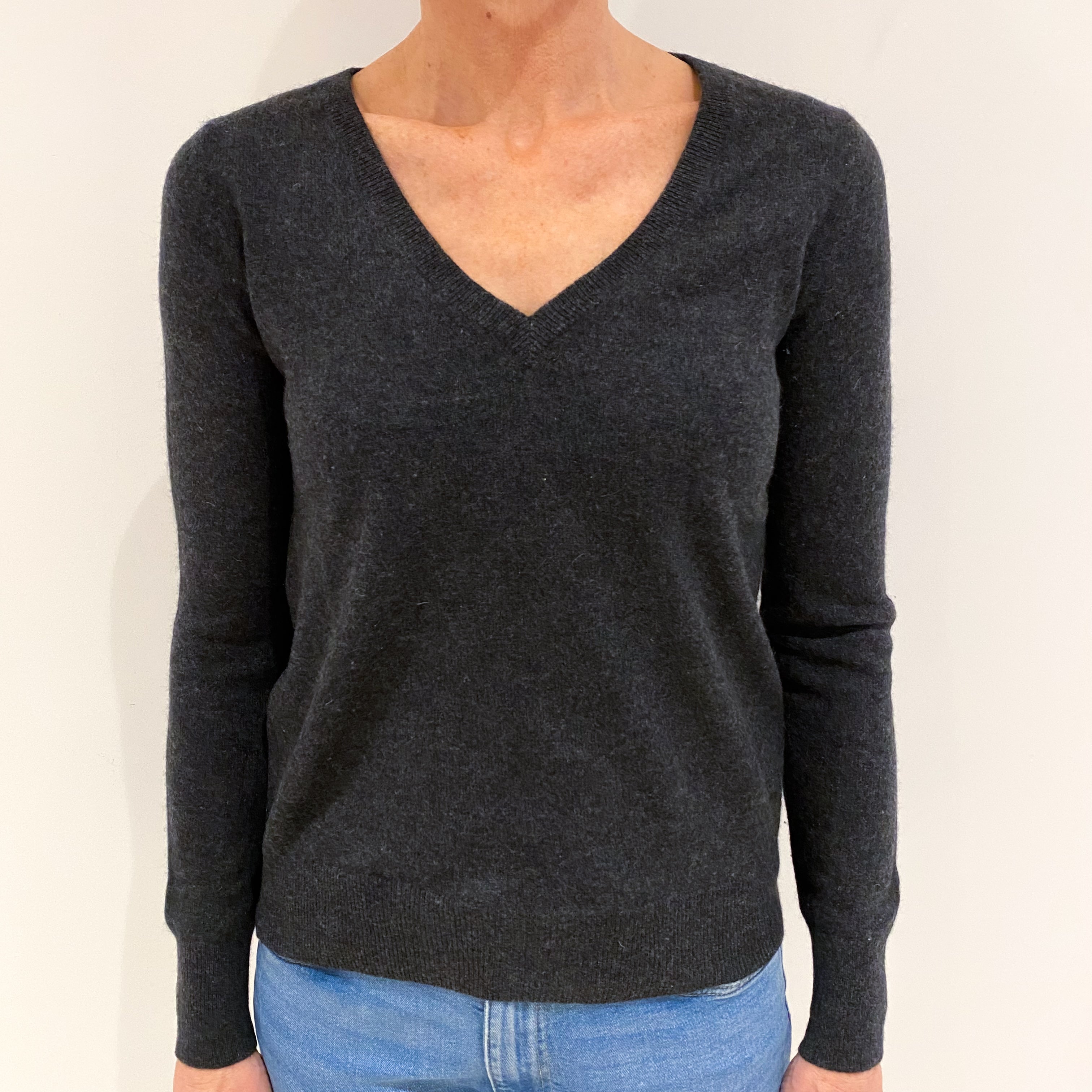 Dark Grey Cashmere V Neck Jumper Small