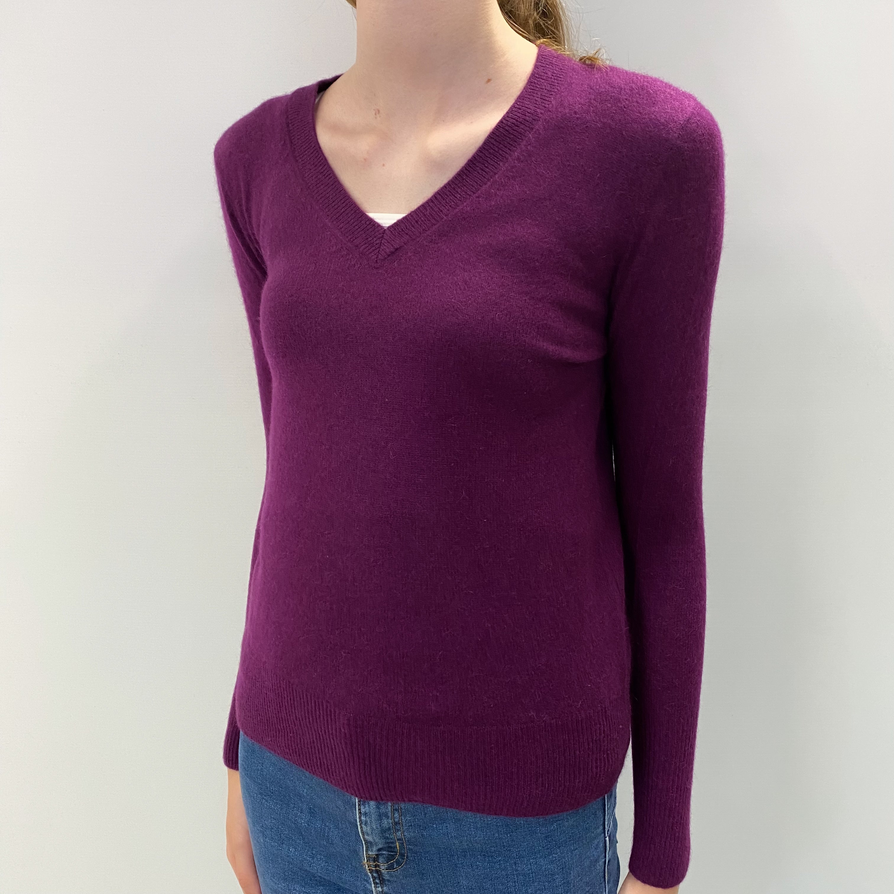 Plum Purple Cashmere V Neck Jumper Extra Small