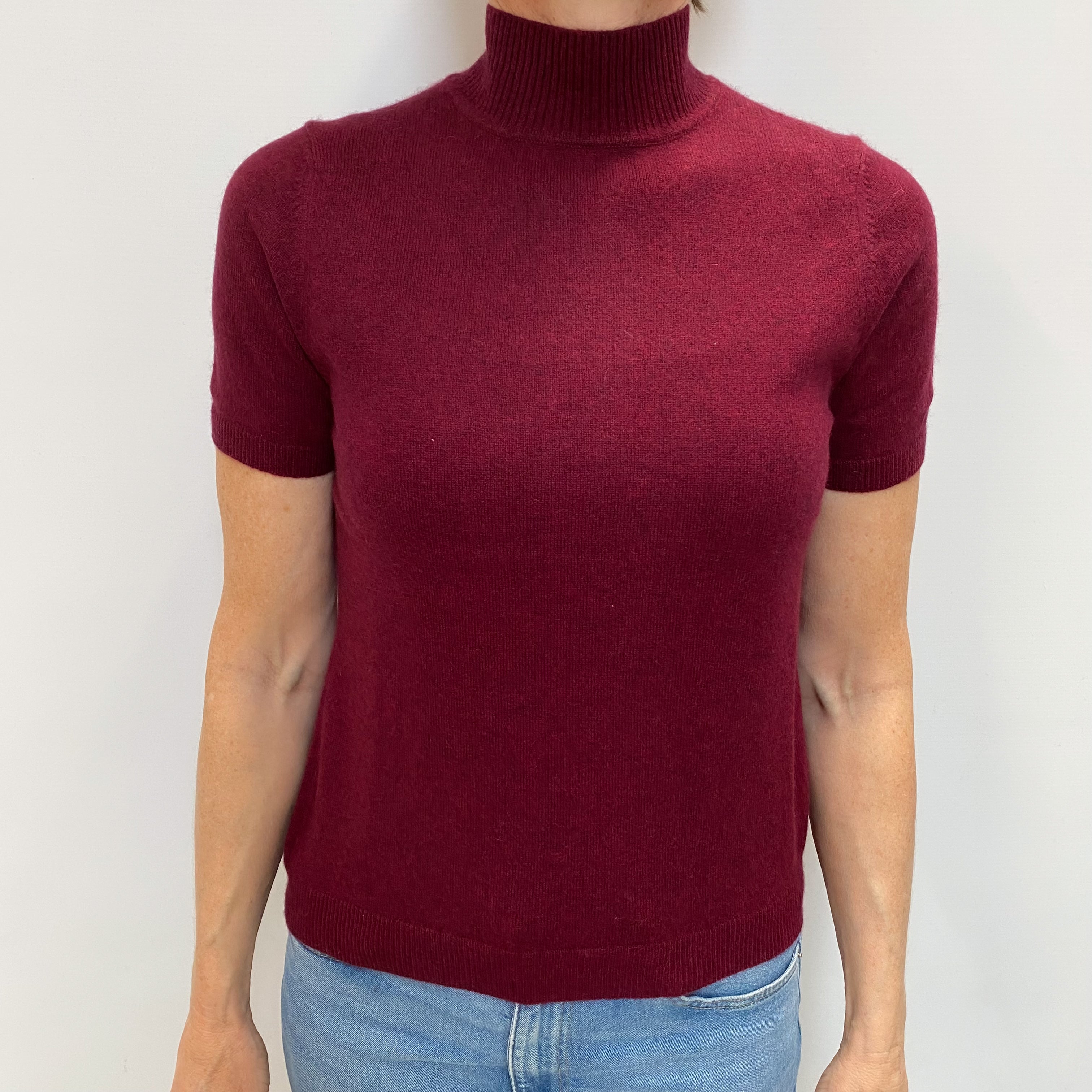 Wine Red Cashmere Turtle Neck Short Sleeved Jumper Small