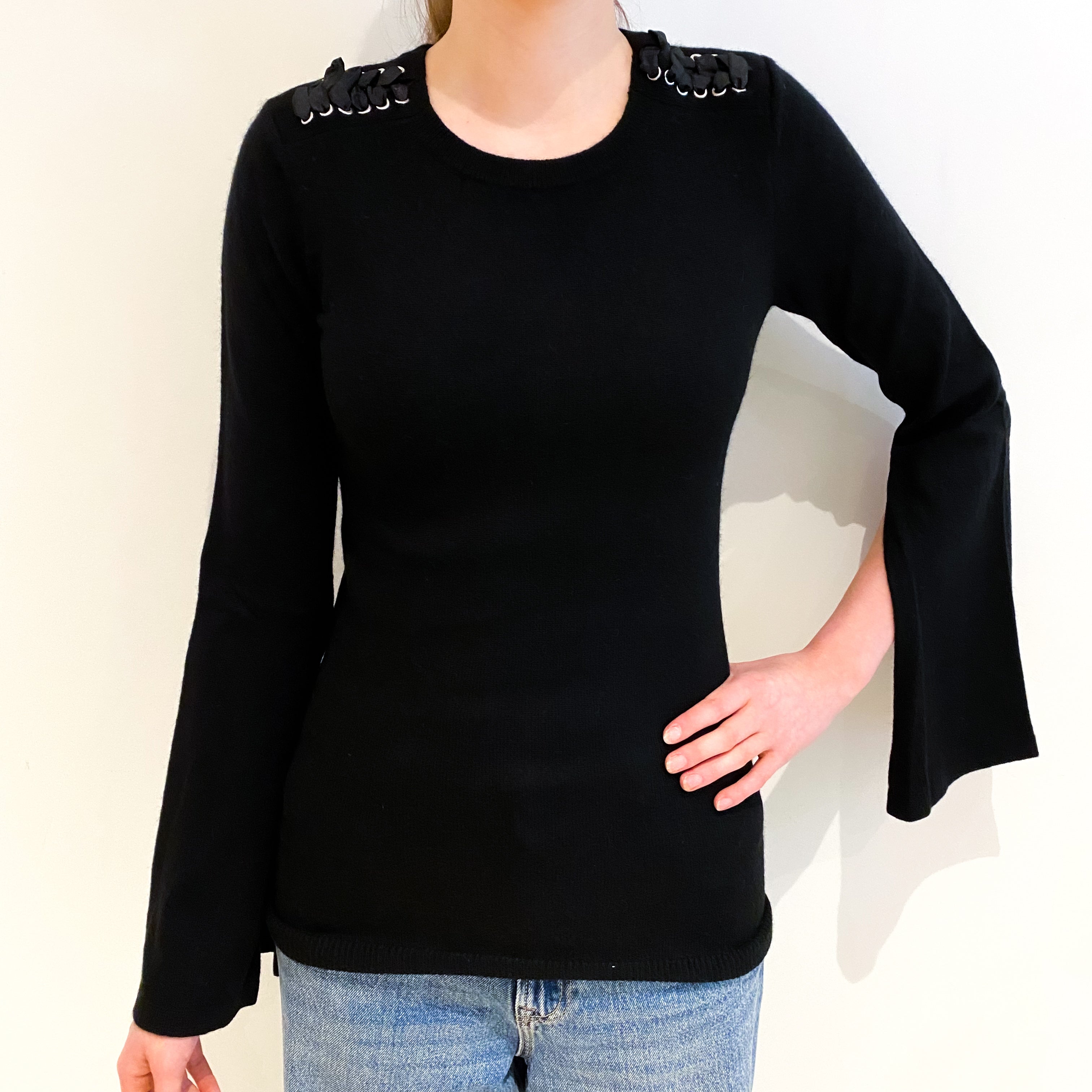 Black Cashmere Flared Sleeve Crew Neck Jumper Extra Small