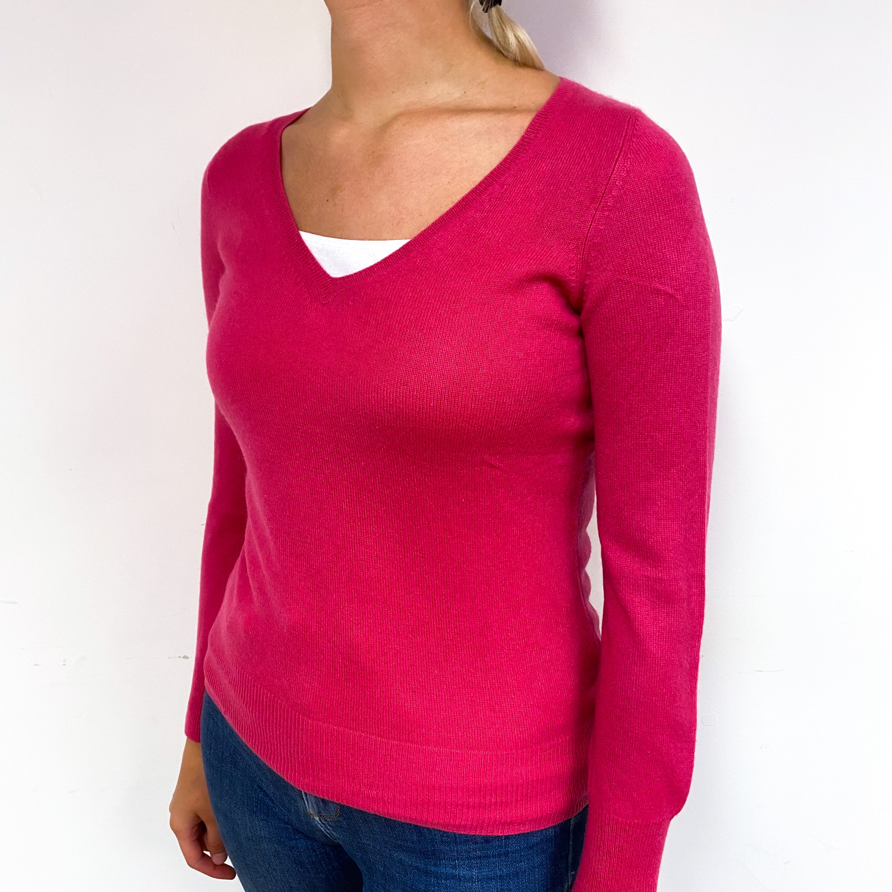 Fuchsia Pink Cashmere V-Neck Jumper Small