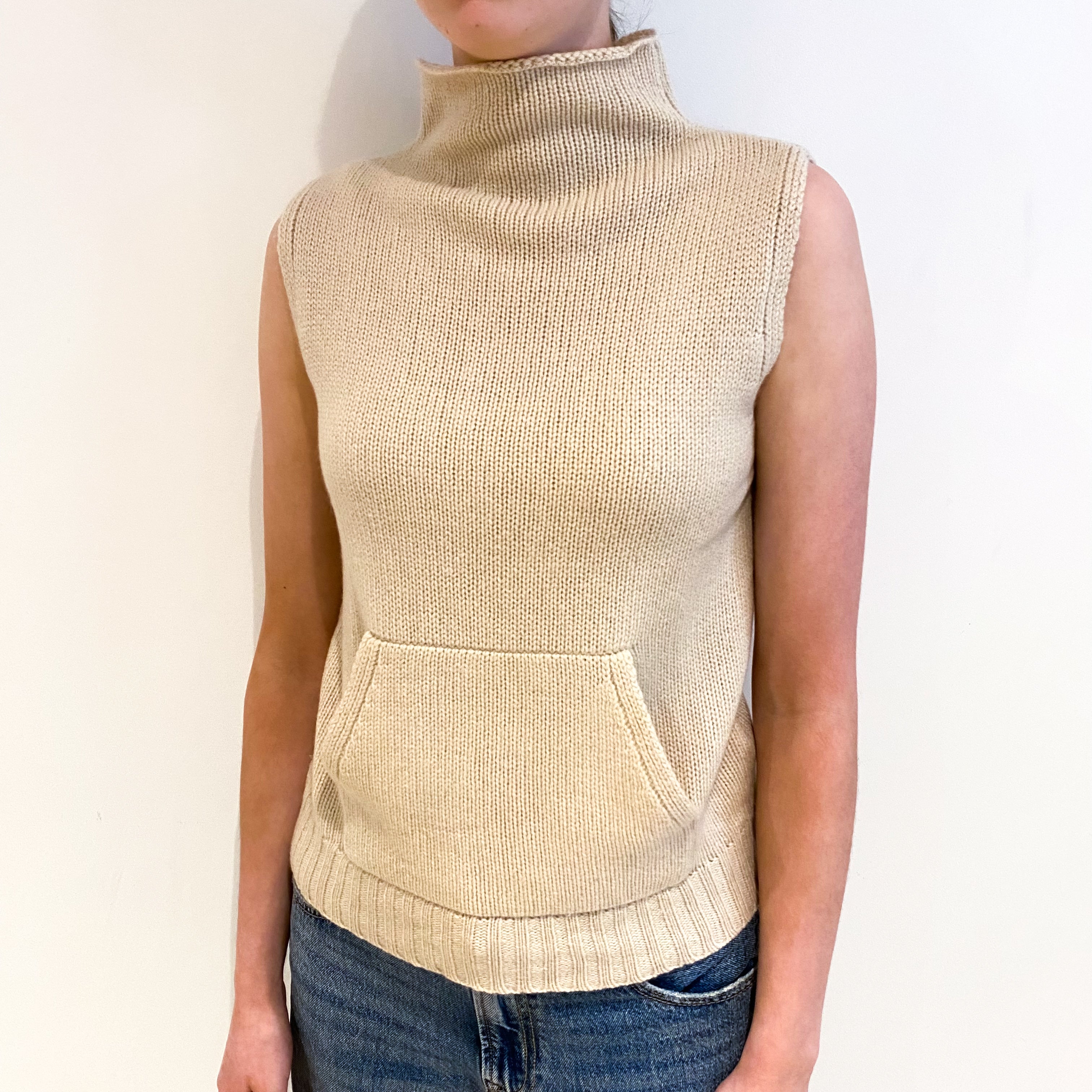 Sand Beige Cashmere Funnel Neck Sleeveless Jumper Extra Small