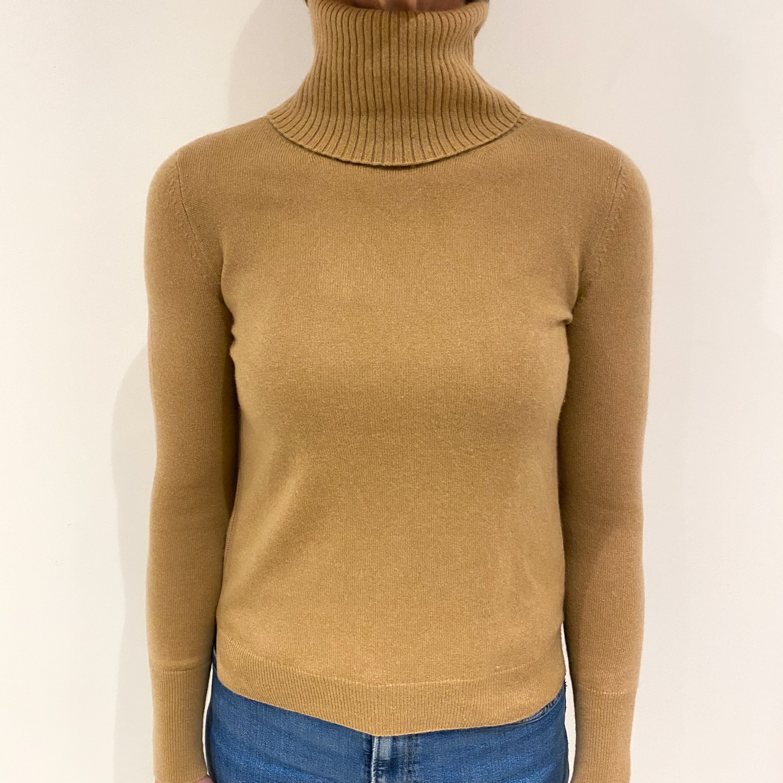 Camel Brown Cashmere Polo Neck Jumper Small