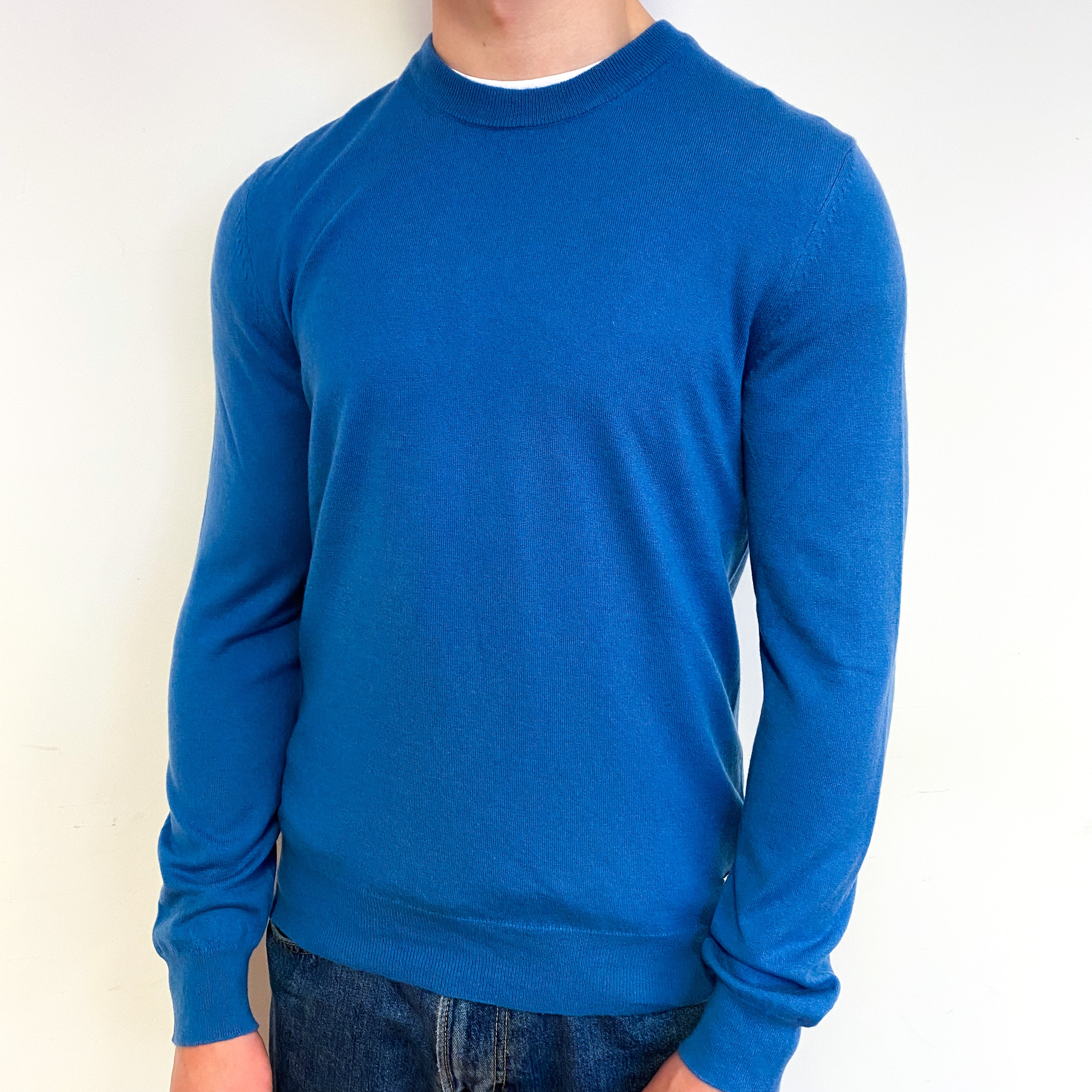 Men's Hugo Boss Blue Fine Knit Cashmere Crew Neck Jumper Small