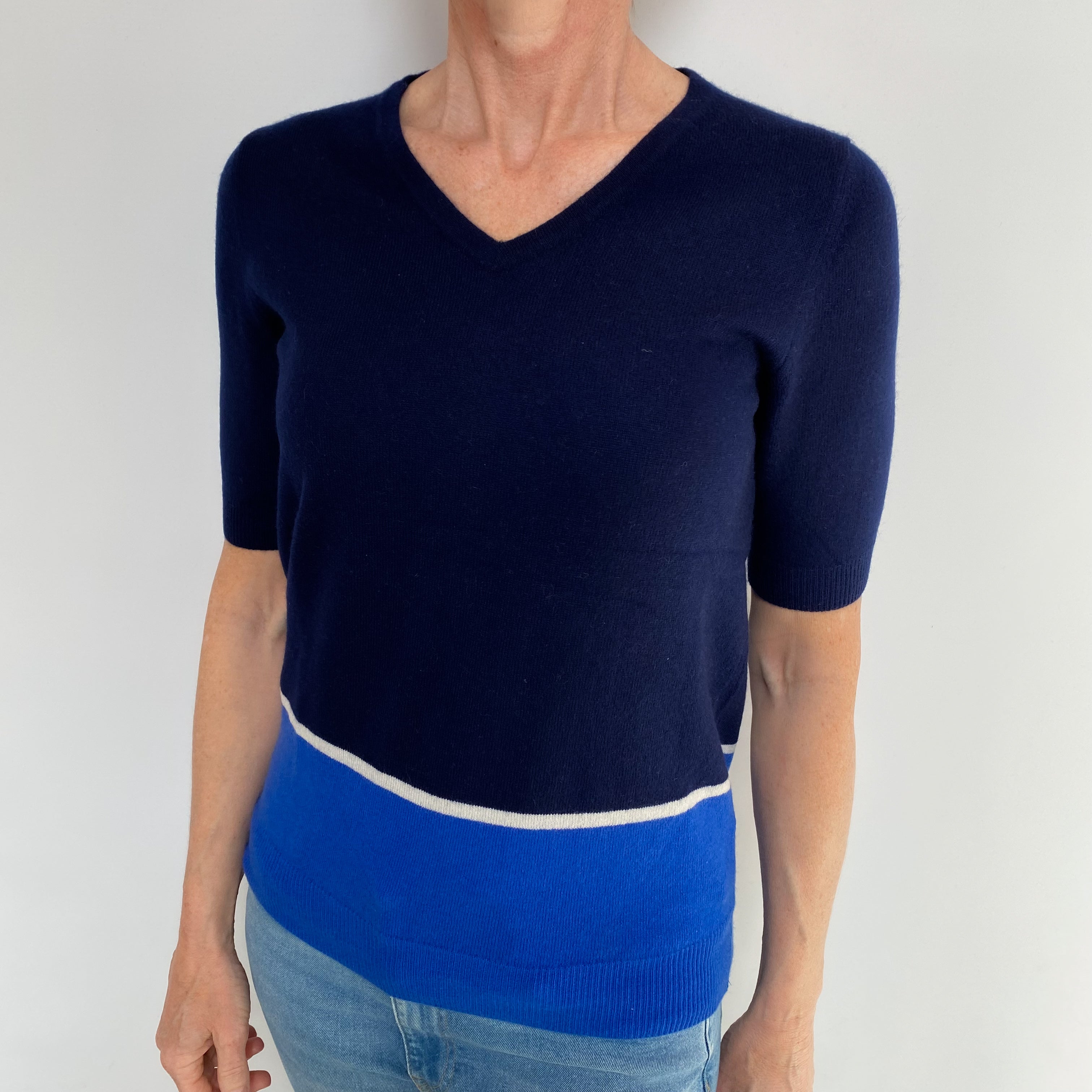 Navy Colour Block Cashmere V Neck Short Sleeved Jumper Small