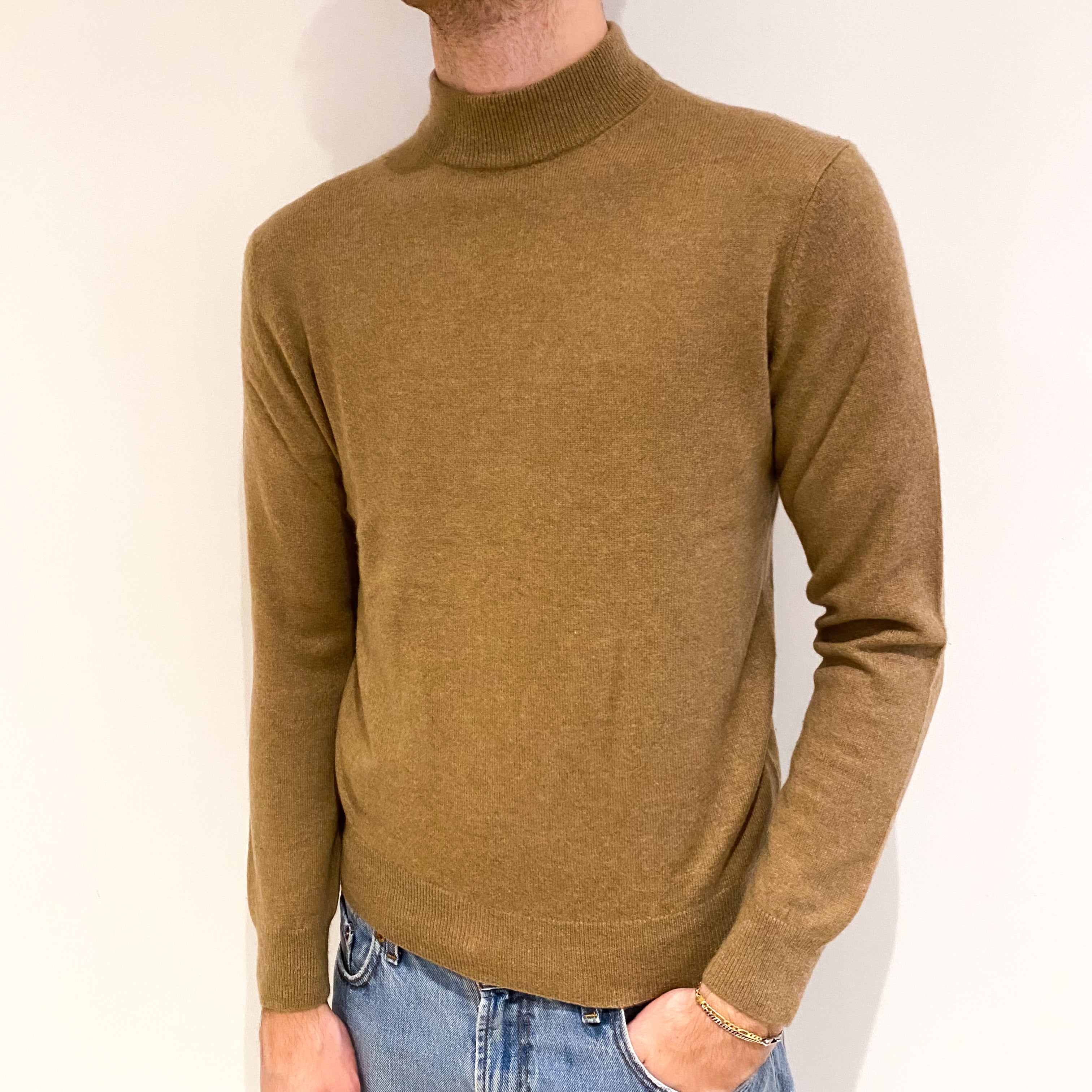 Men's Sand Beige Cashmere Turtle Neck Jumper Medium