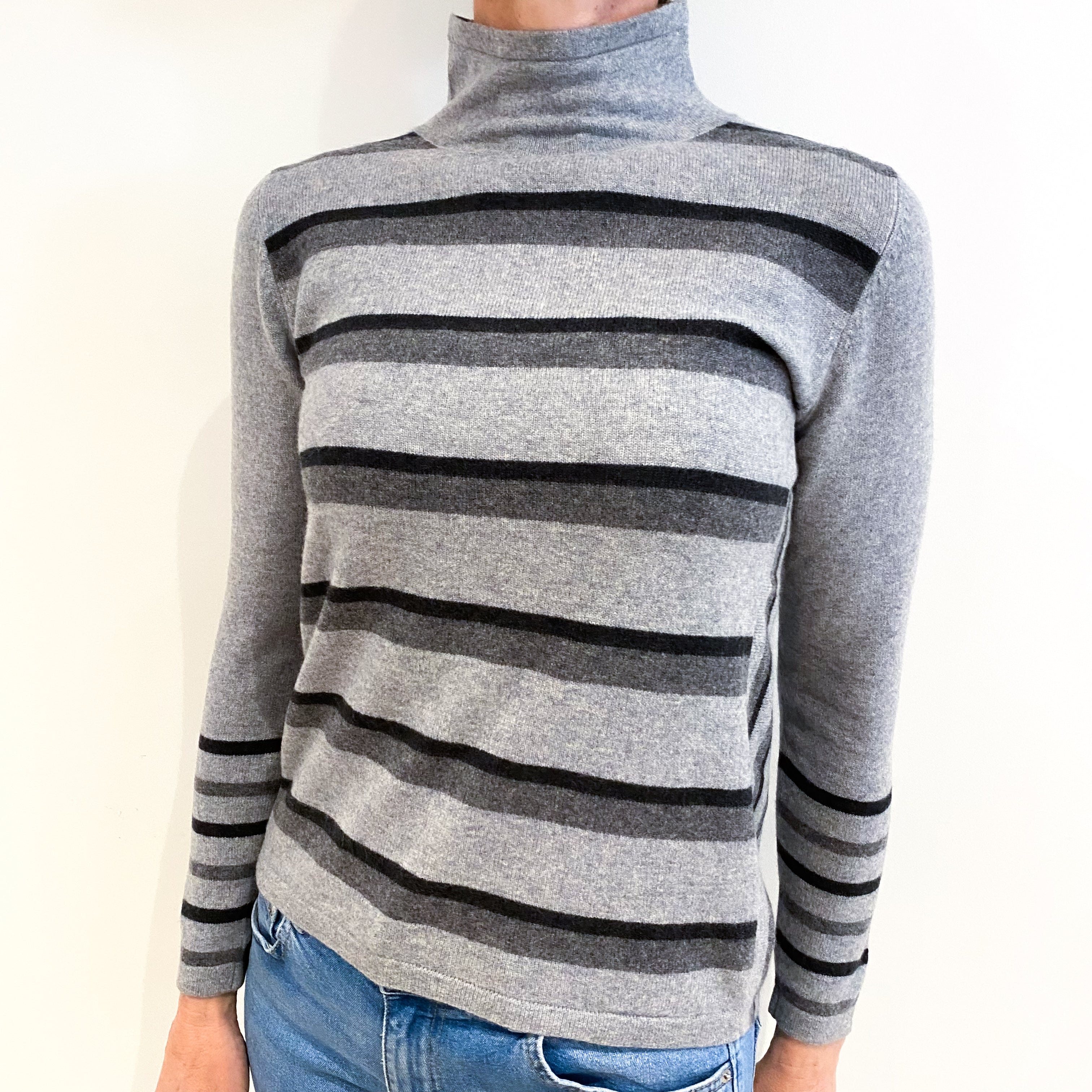 Grey Striped Cashmere Polo Neck Jumper Small