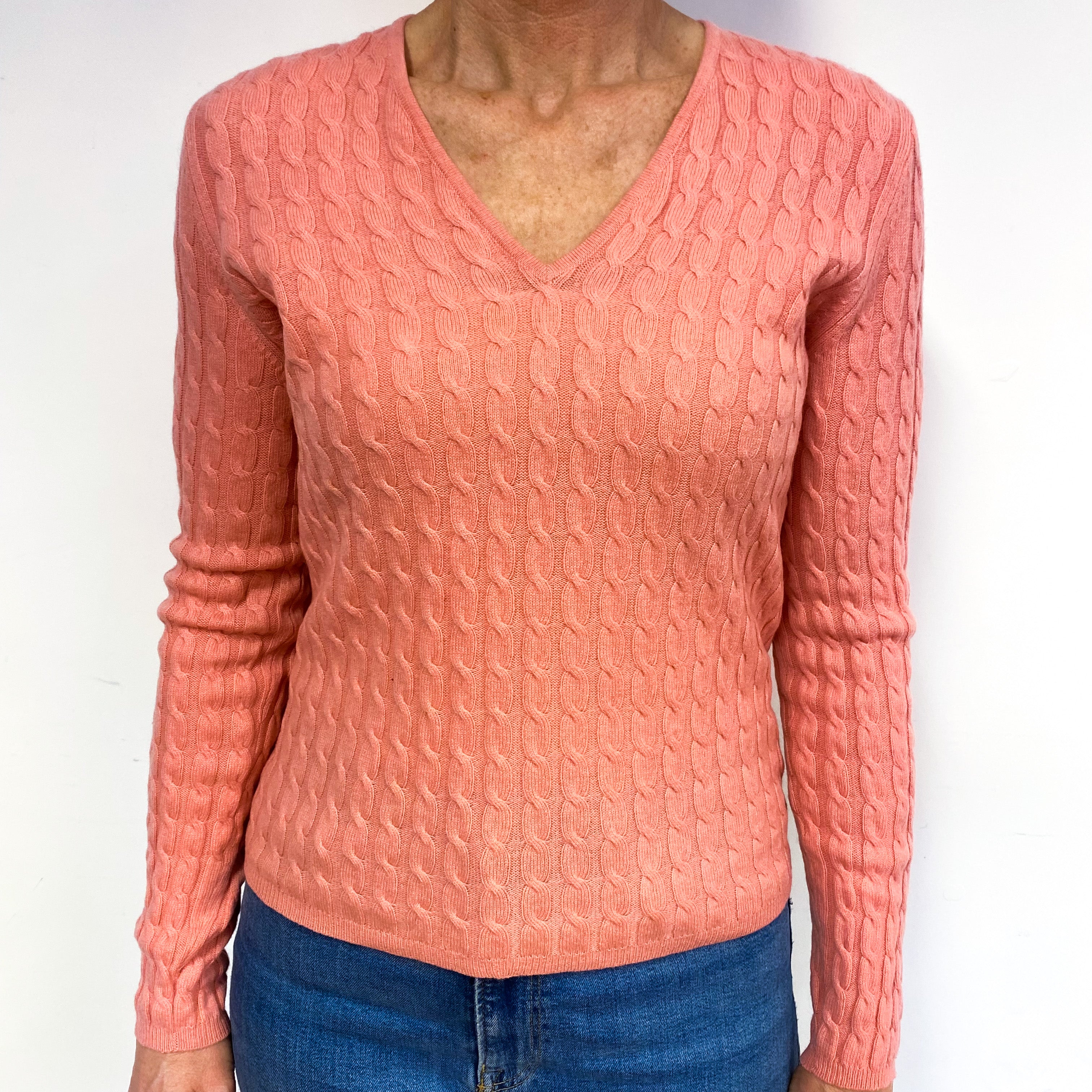 Coral Pink Cashmere V-Neck Jumper Medium