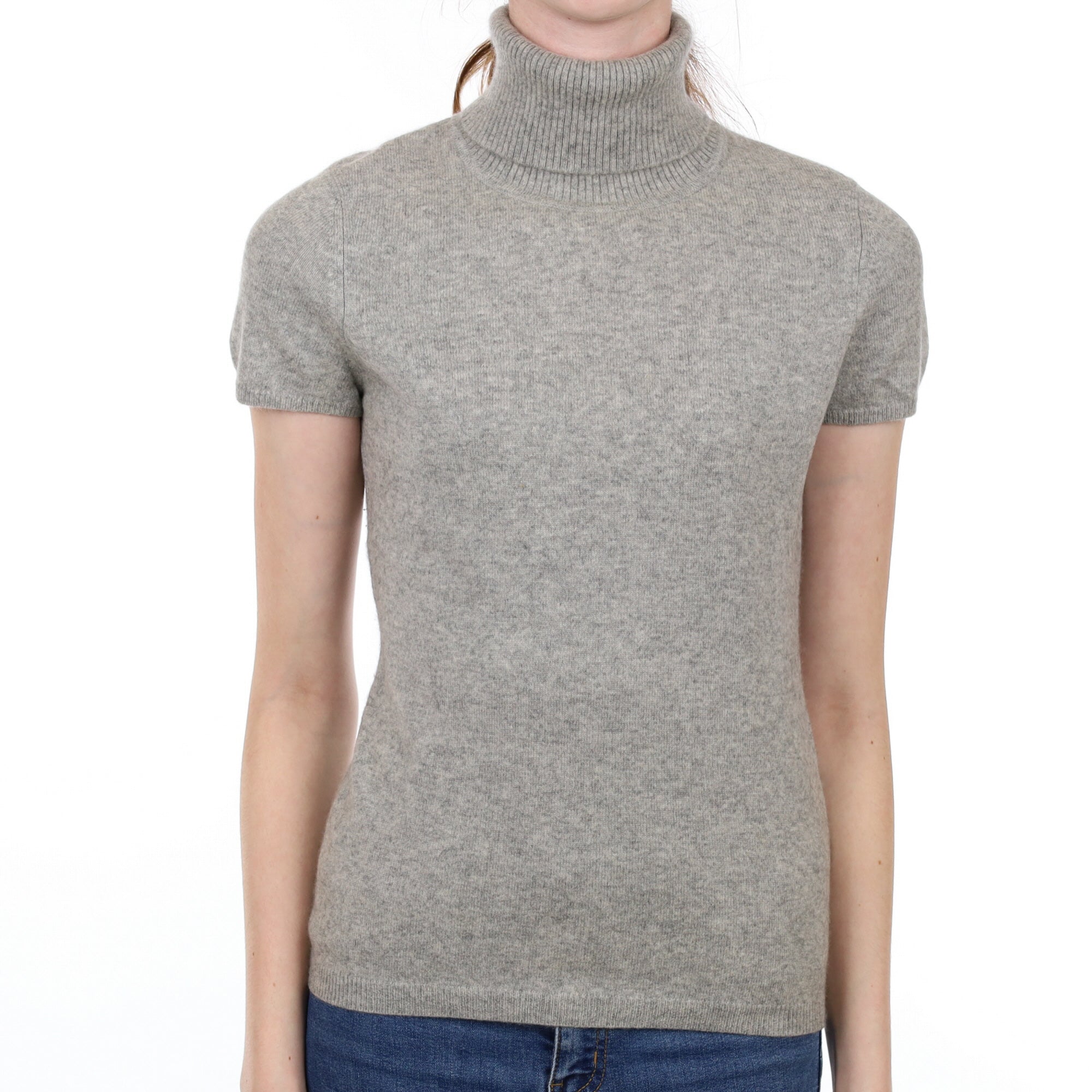 Smoke Grey Cashmere Polo Neck Short Sleeved Jumper Extra Small