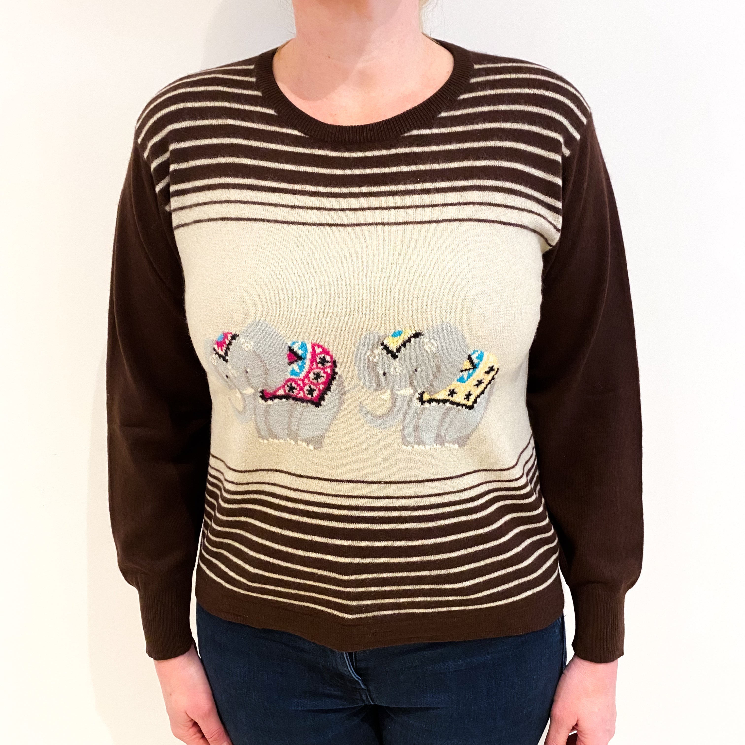 Chocolate Brown With Cream Stripes And Elephant Motif Cashmere Crew Neck Jumper Large