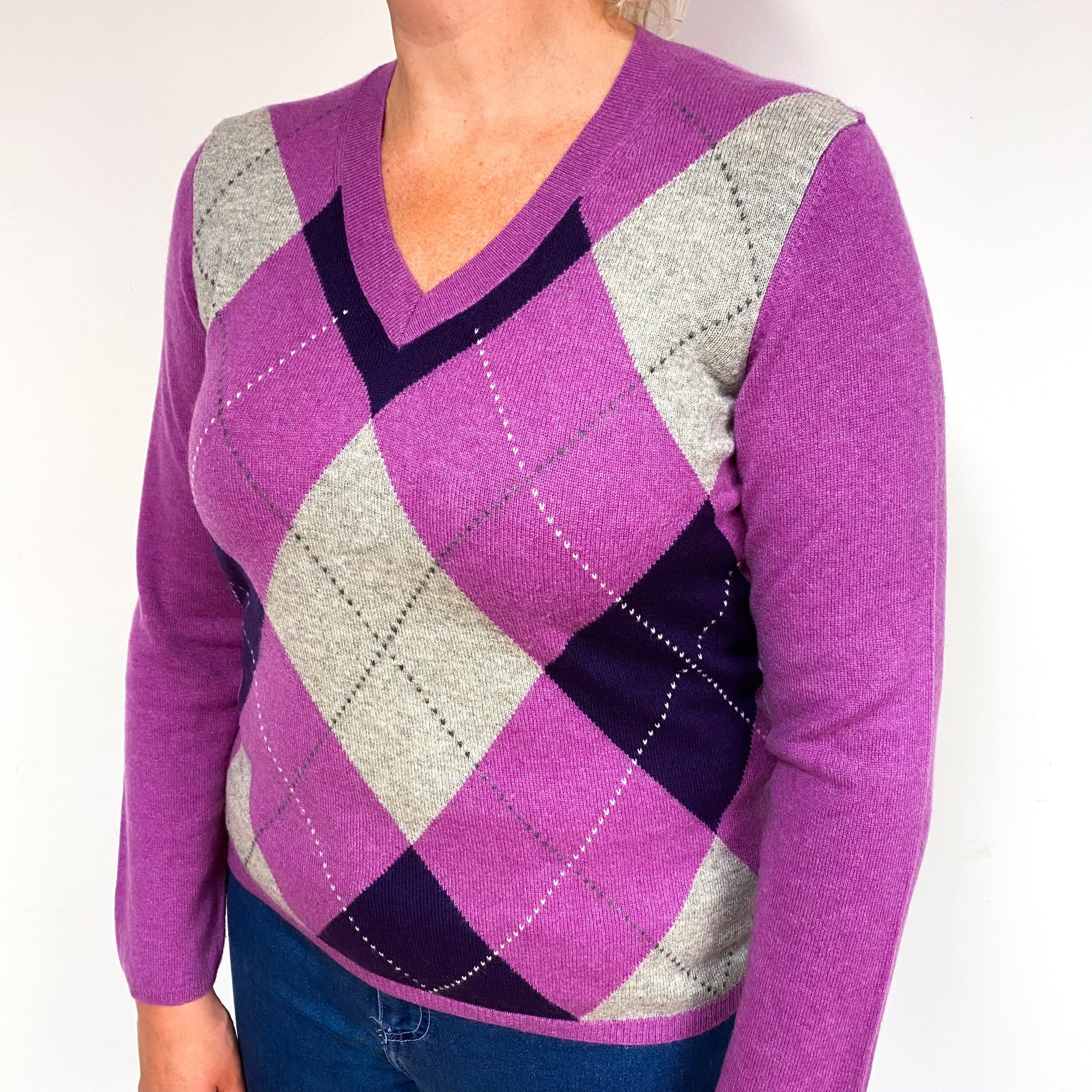 Heather Purple Diamond Cashmere V-Neck Jumper Large