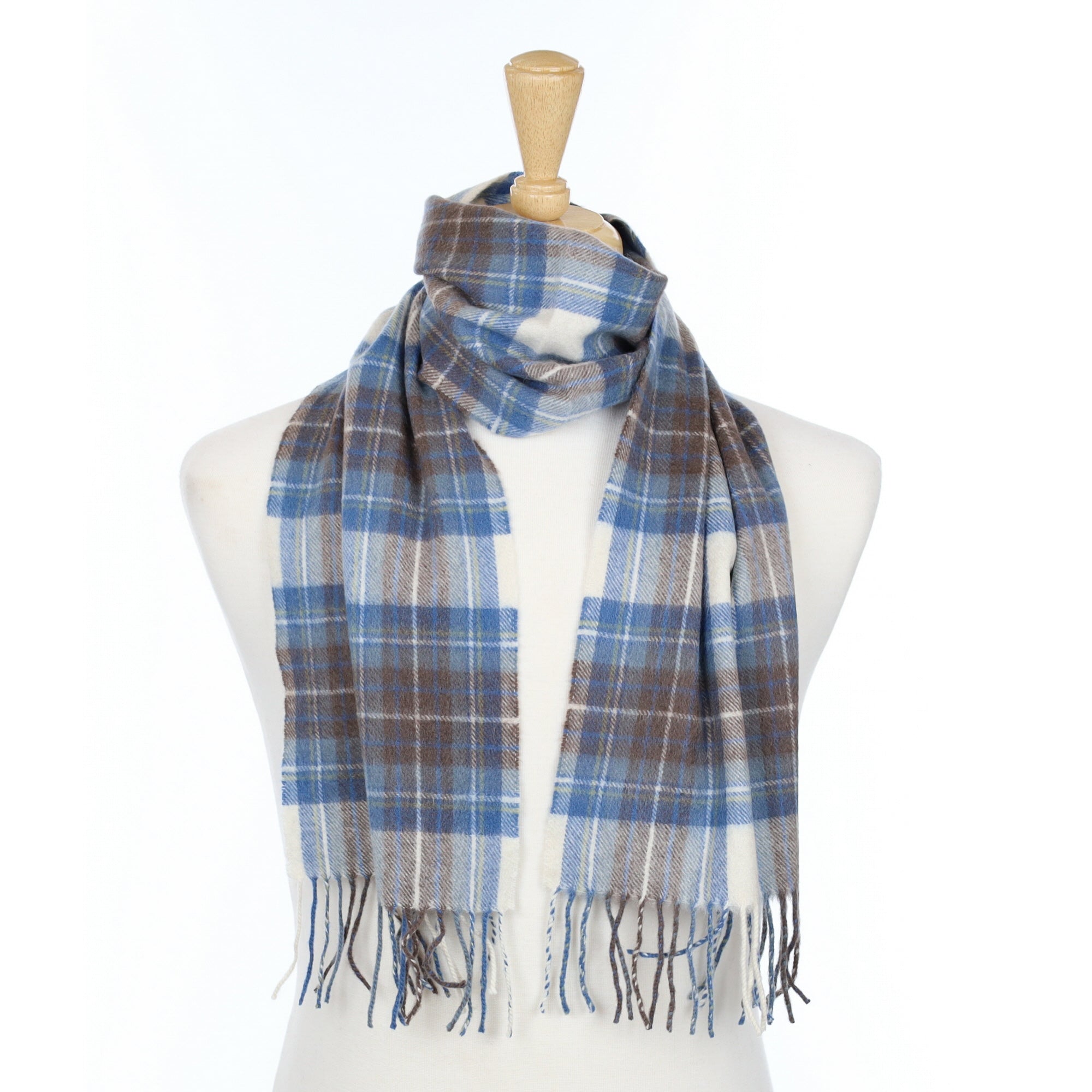 Airforce Blue and Brown Checked Cashmere Fringed Woven Scarf