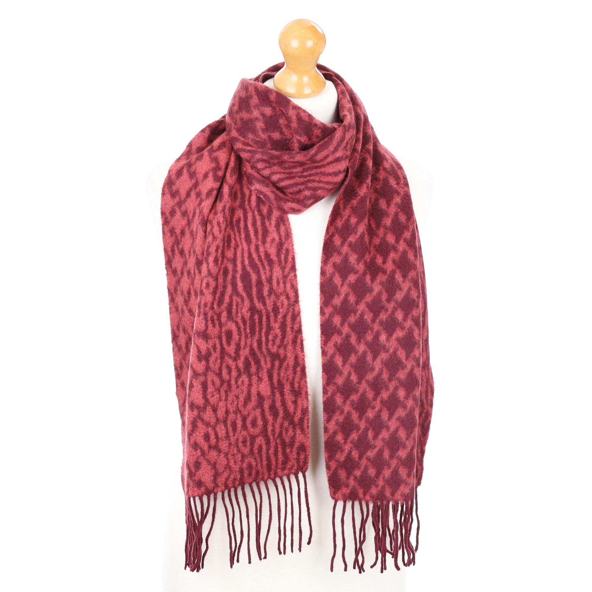 Wine Red Patterned Fringed Cashmere Woven Scarf