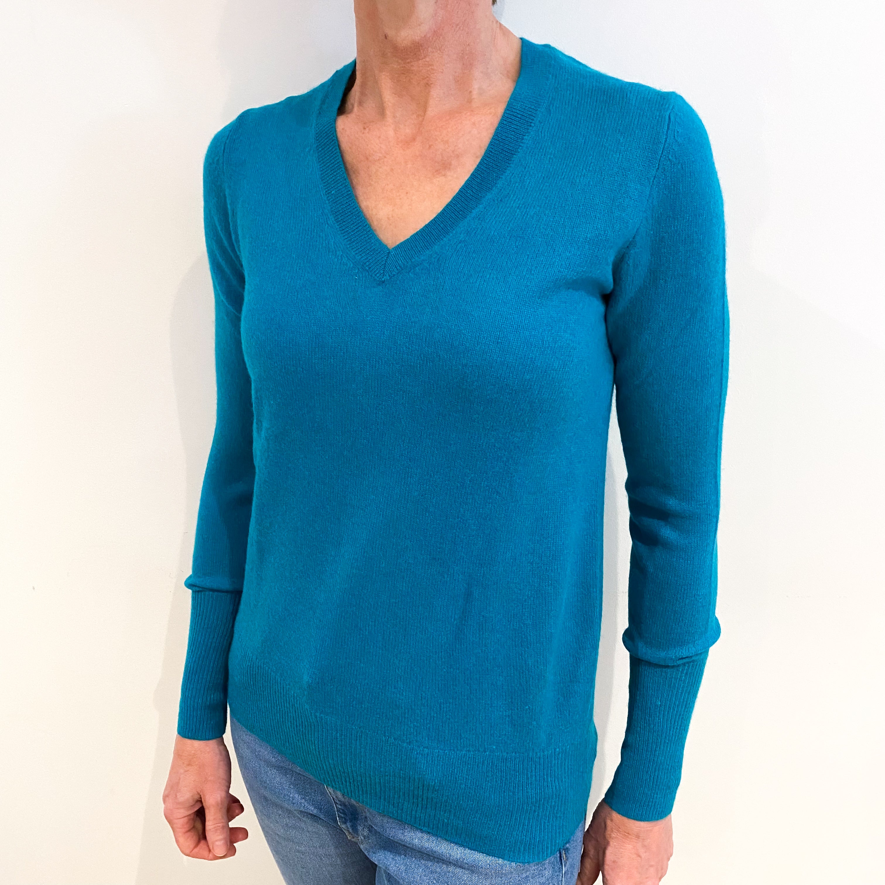 Turquoise Green Cashmere V Neck Jumper Small