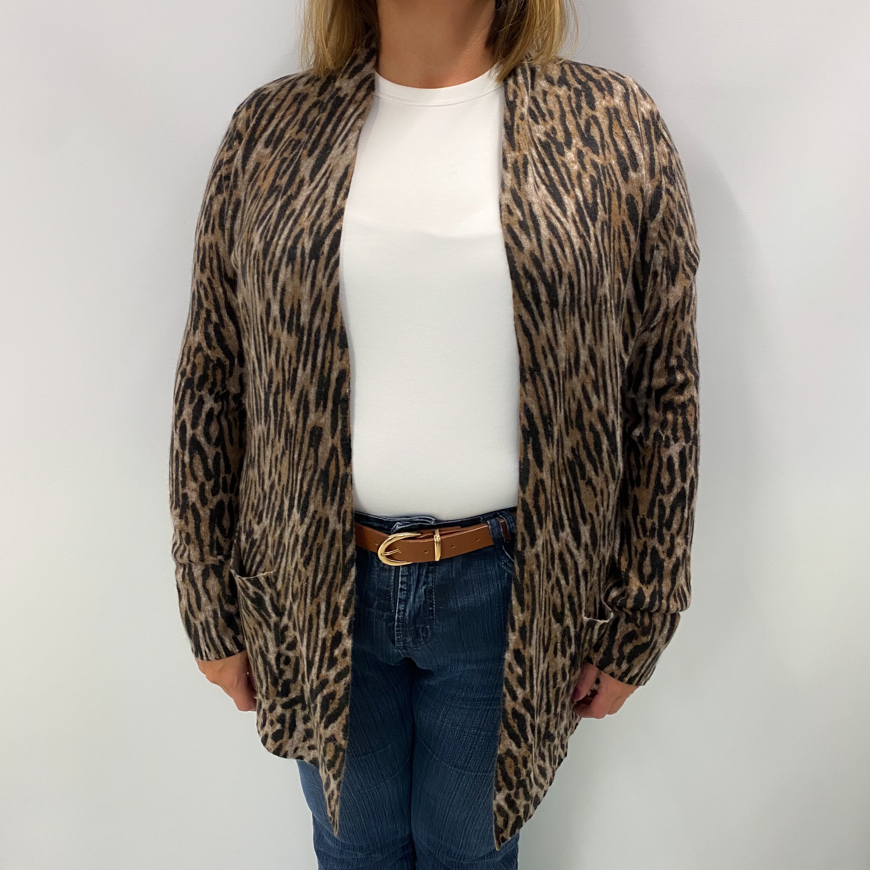 Beige Animal Print Cashmere Edge To Edge Cardigan Extra Large