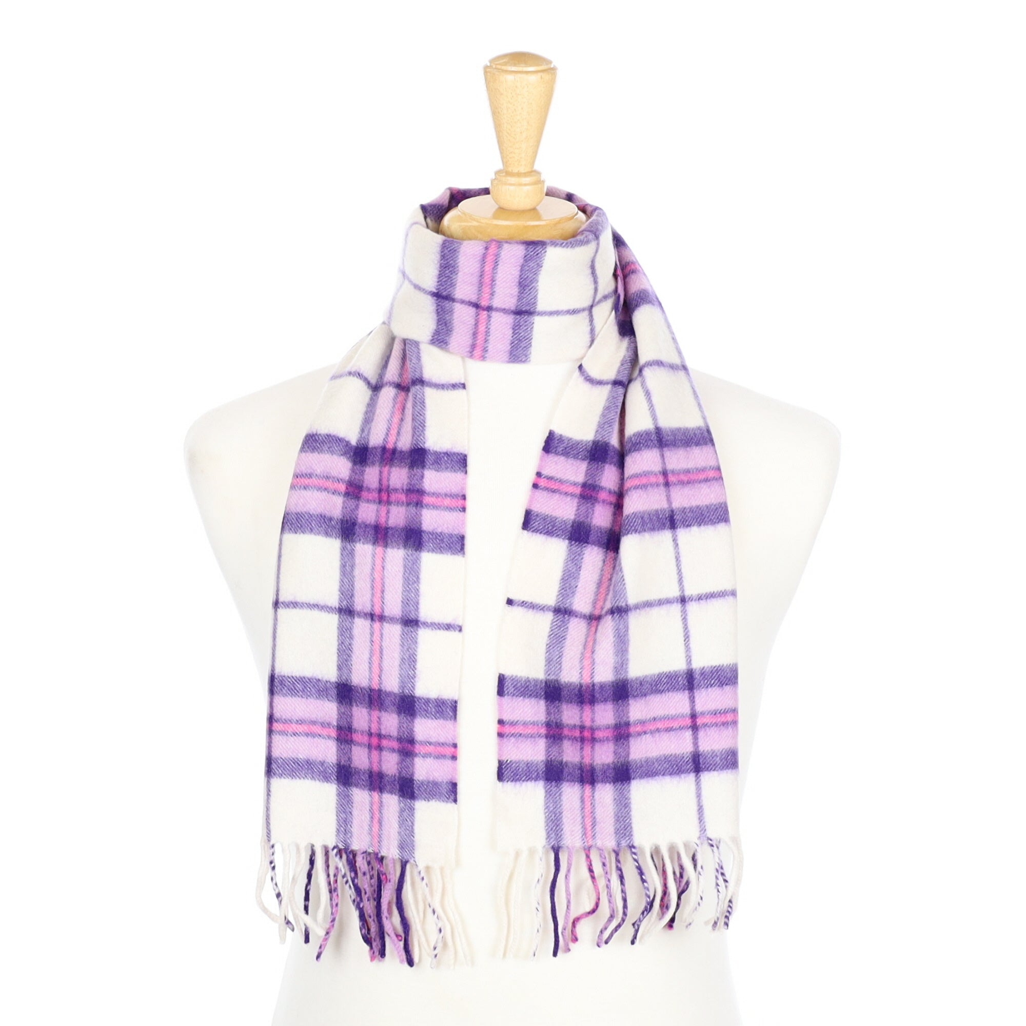 Purple and Cream Checked Cashmere Fringed Woven Scarf