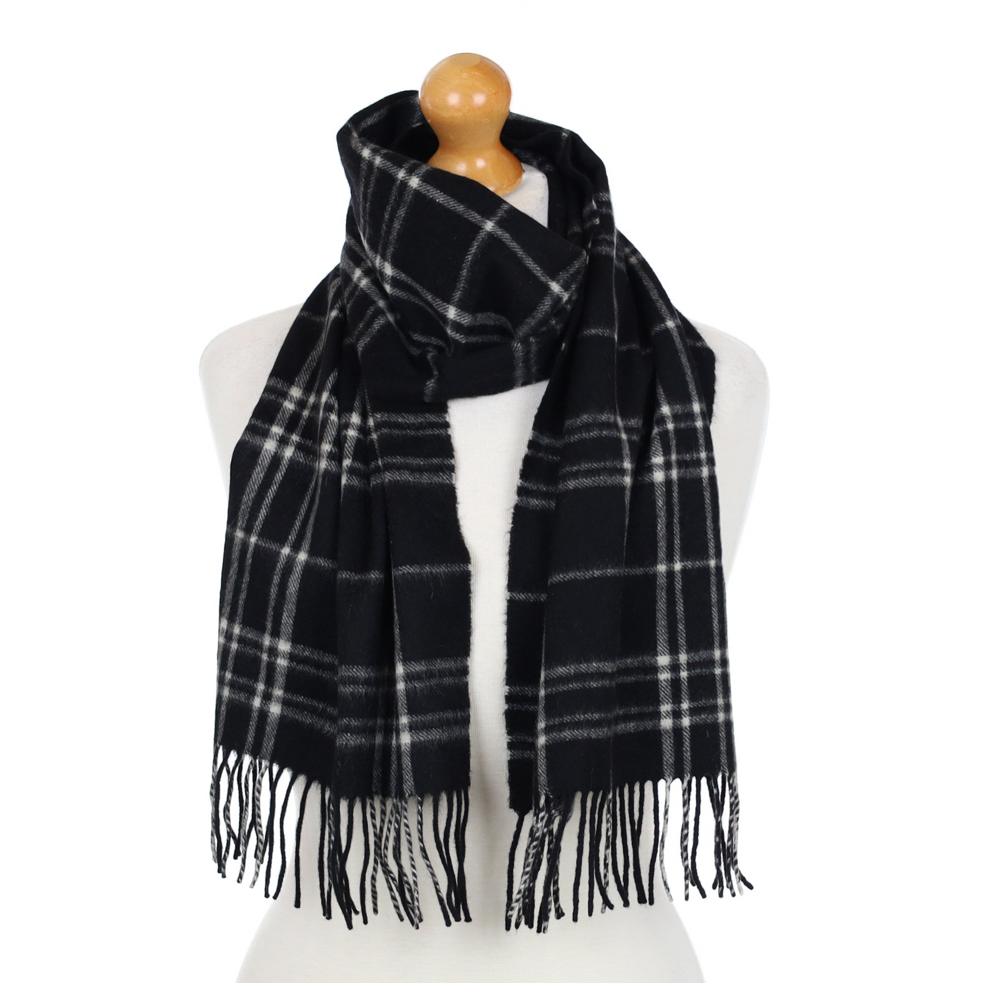 Black and White Check Cashmere Fringed Woven Scarf