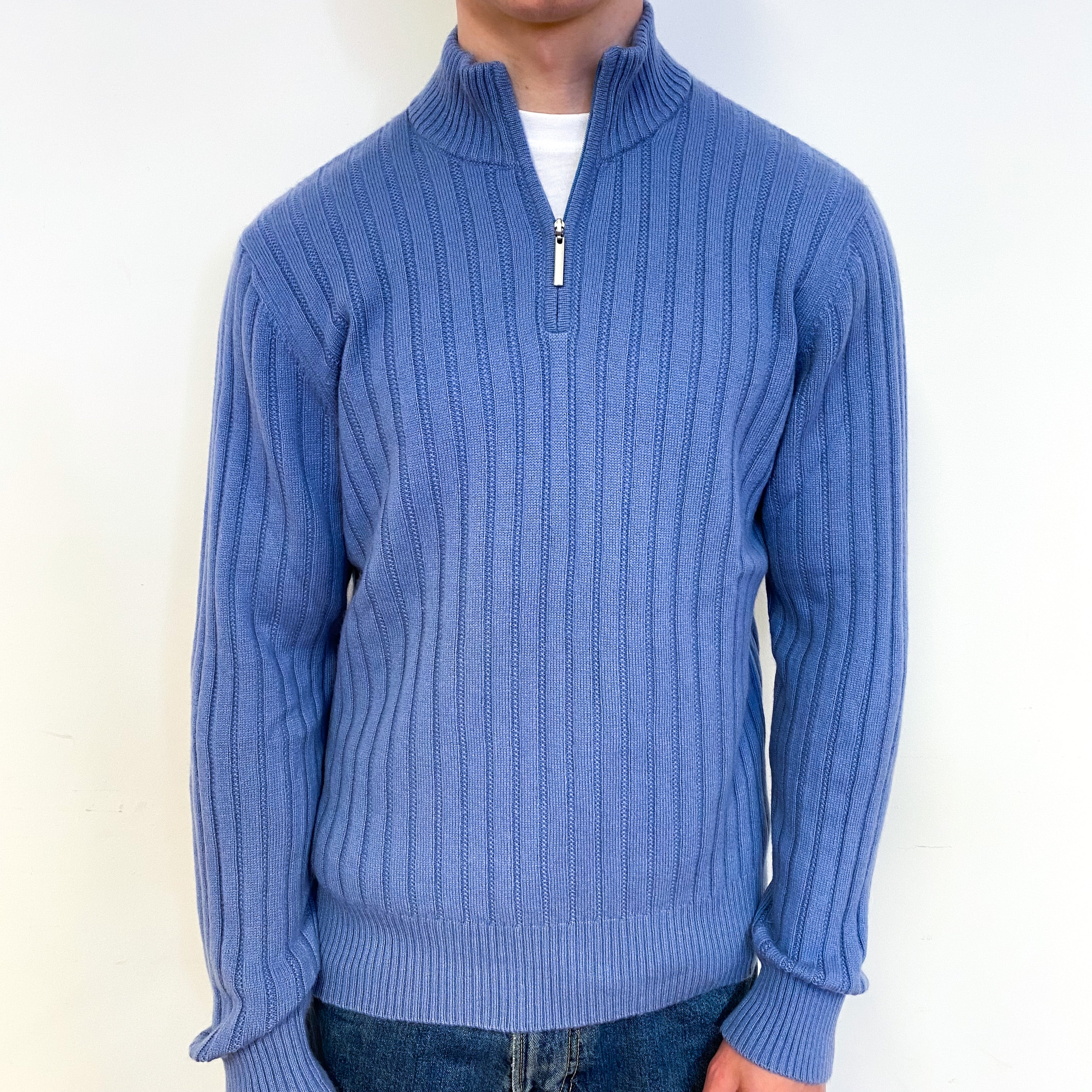 Men's Dusky Sky Blue Rib Cashmere 1/4 Zip Jumper Small – NEARLY NEW ...