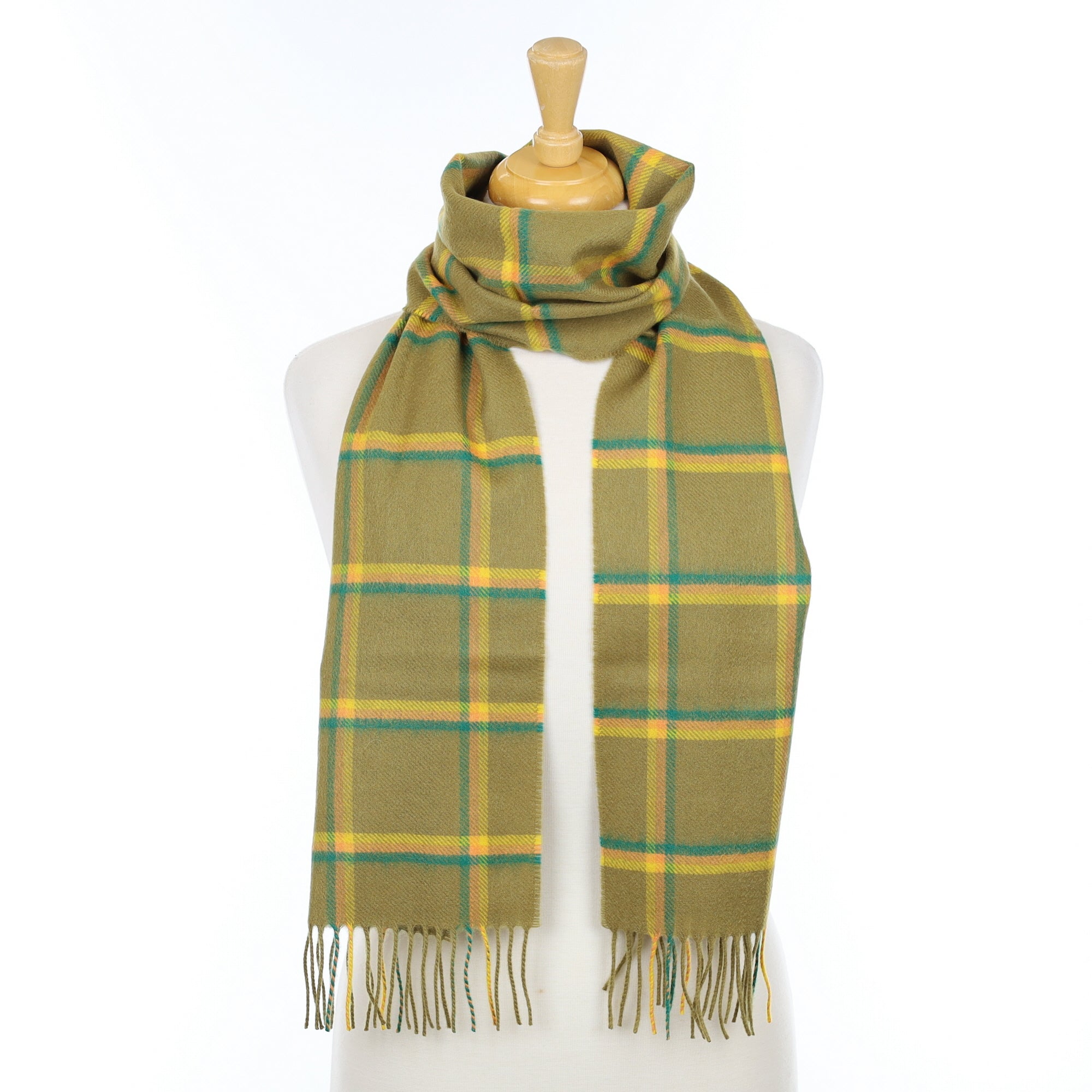 Brand New Scottish Olive Green and Yellow Cashmere Scarf