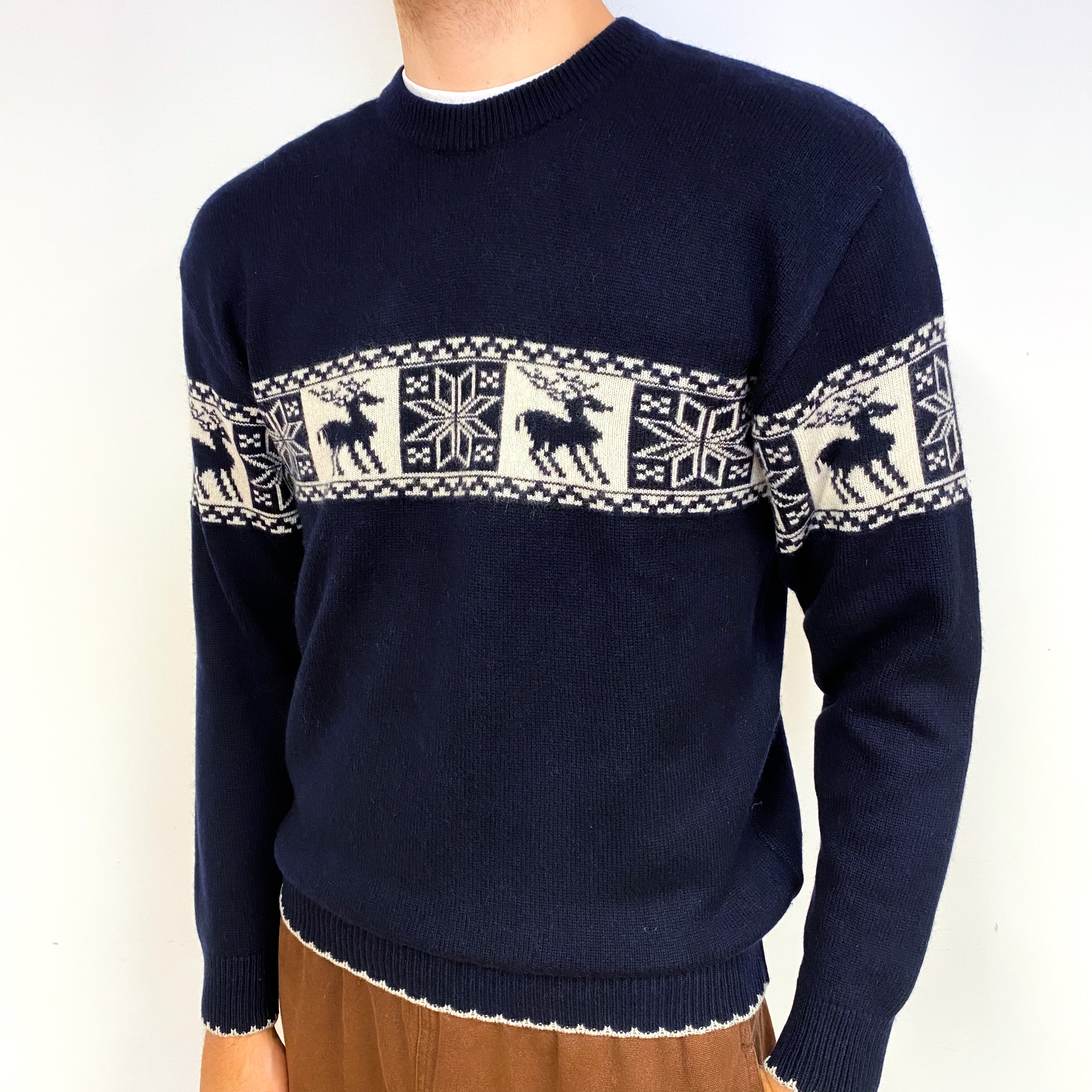 Men's Navy Cream Nordic Cashmere Crew Neck Jumper Large